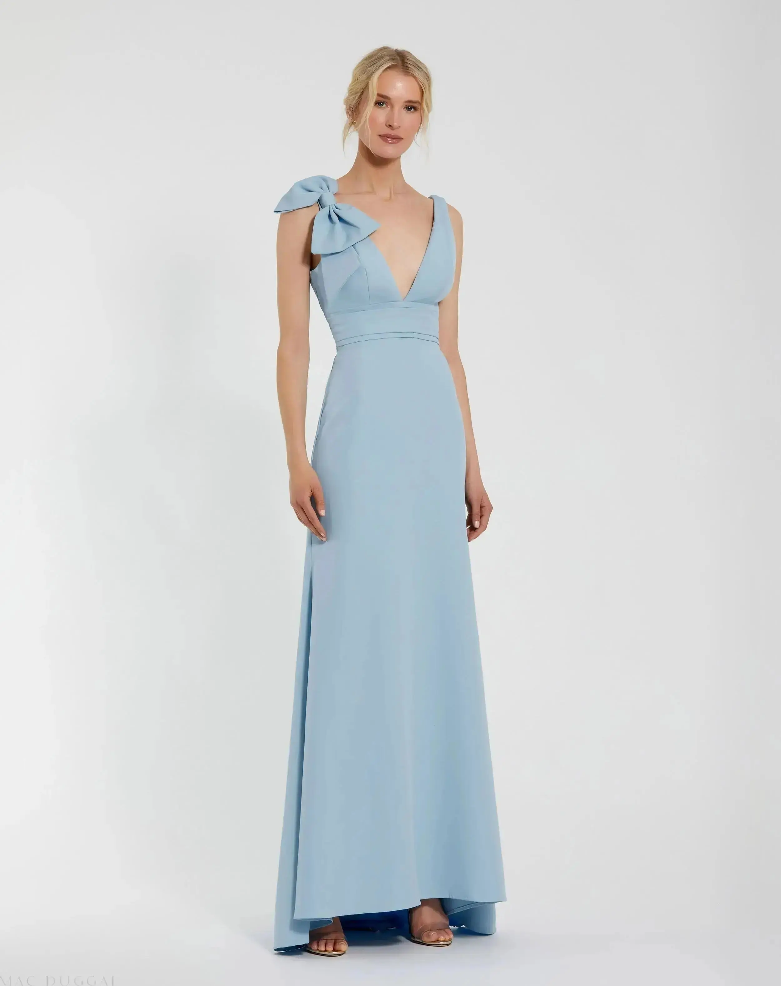 Petite Blue Sleeveless V Neck Bow Detail Mermaid Gown - Special Events Unlimited