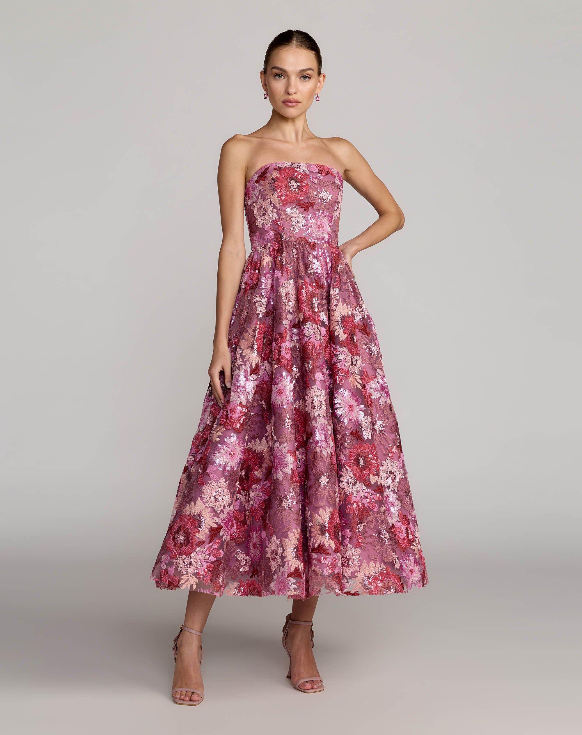 Purple Floral Sequin Strapless Midi Dress - Special Events Unlimited