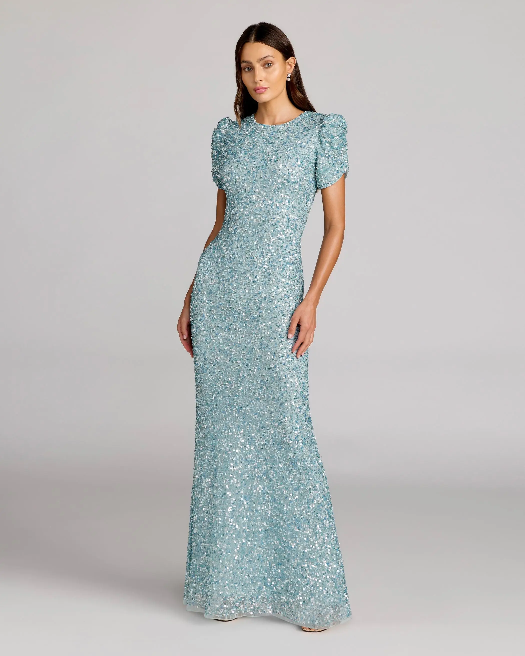 Blue Gathered Short Sleeve Embellished Gown - Special Events Unlimited
