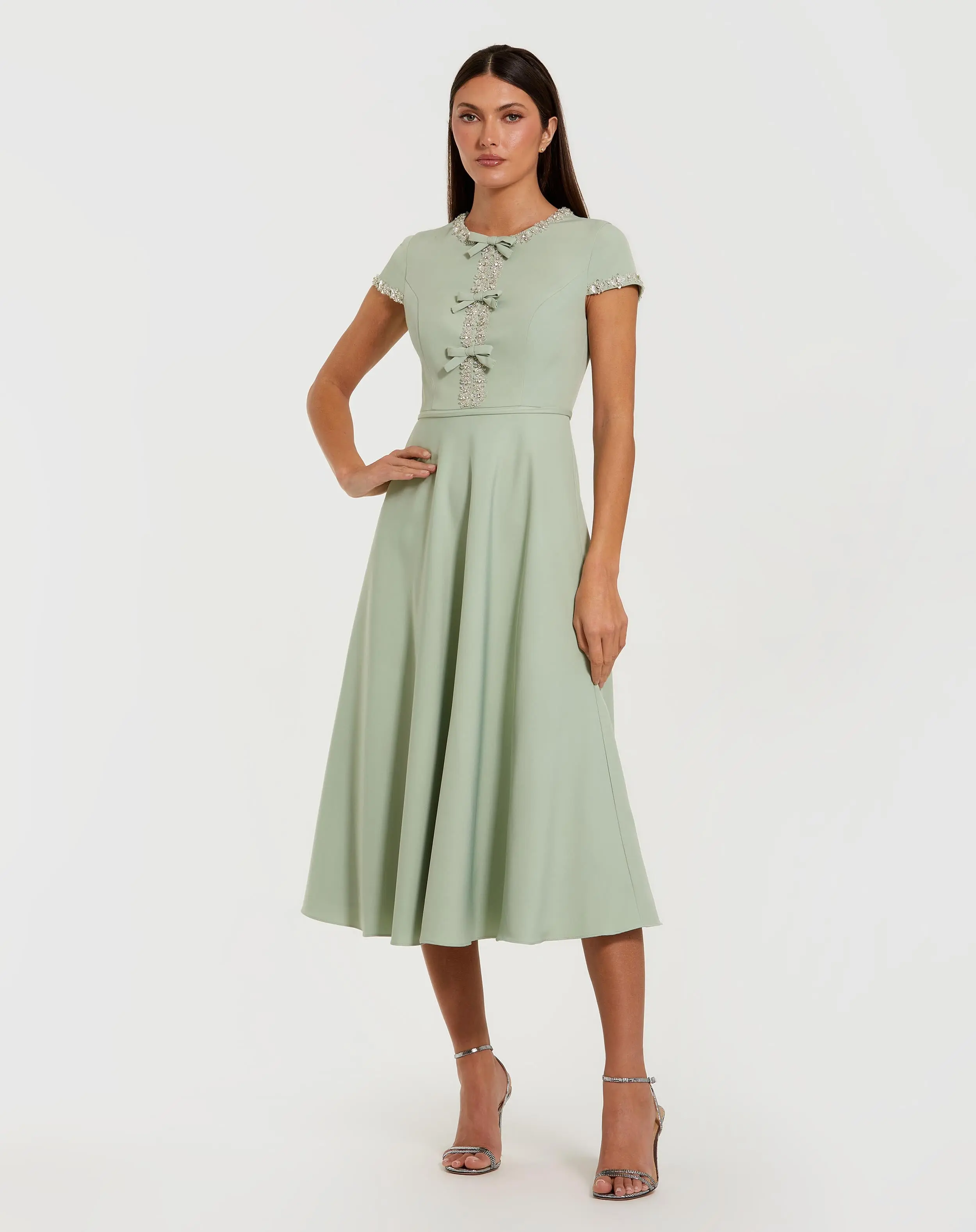 Green Embellished Crepe Cap Sleeve Midi Dress - Special Events Unlimited
