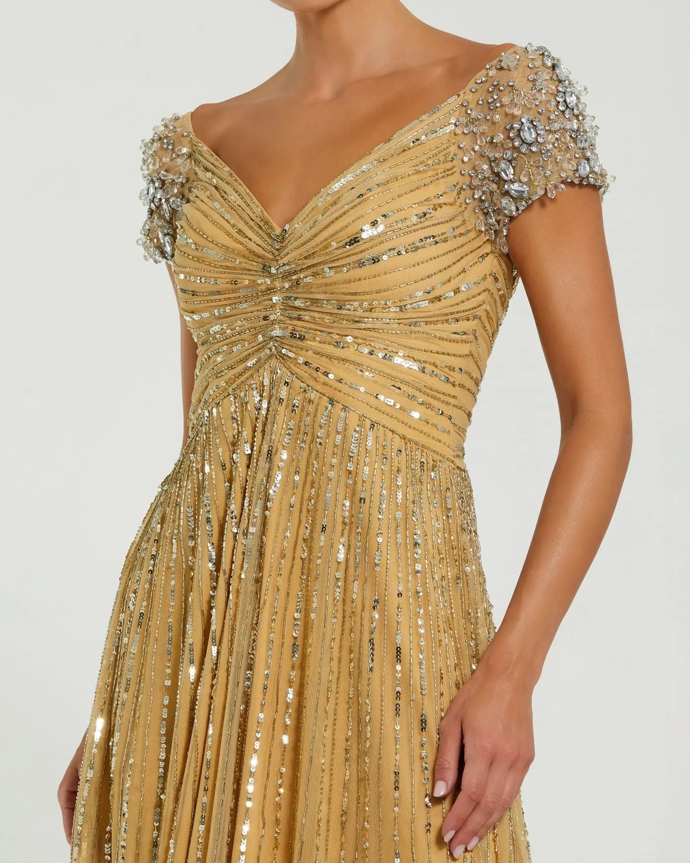 Gold Sequined Evening Gown With Embellished Shoulders - Special Events Unlimited