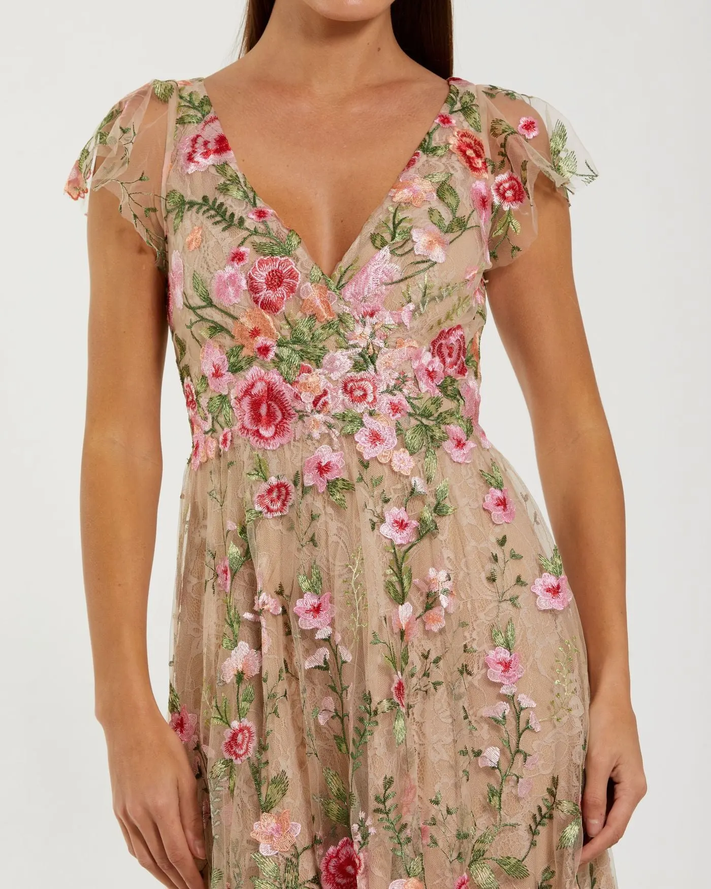 Beige Floral Embroidered Flutter Sleeve Midi Dress - Special Events Unlimited