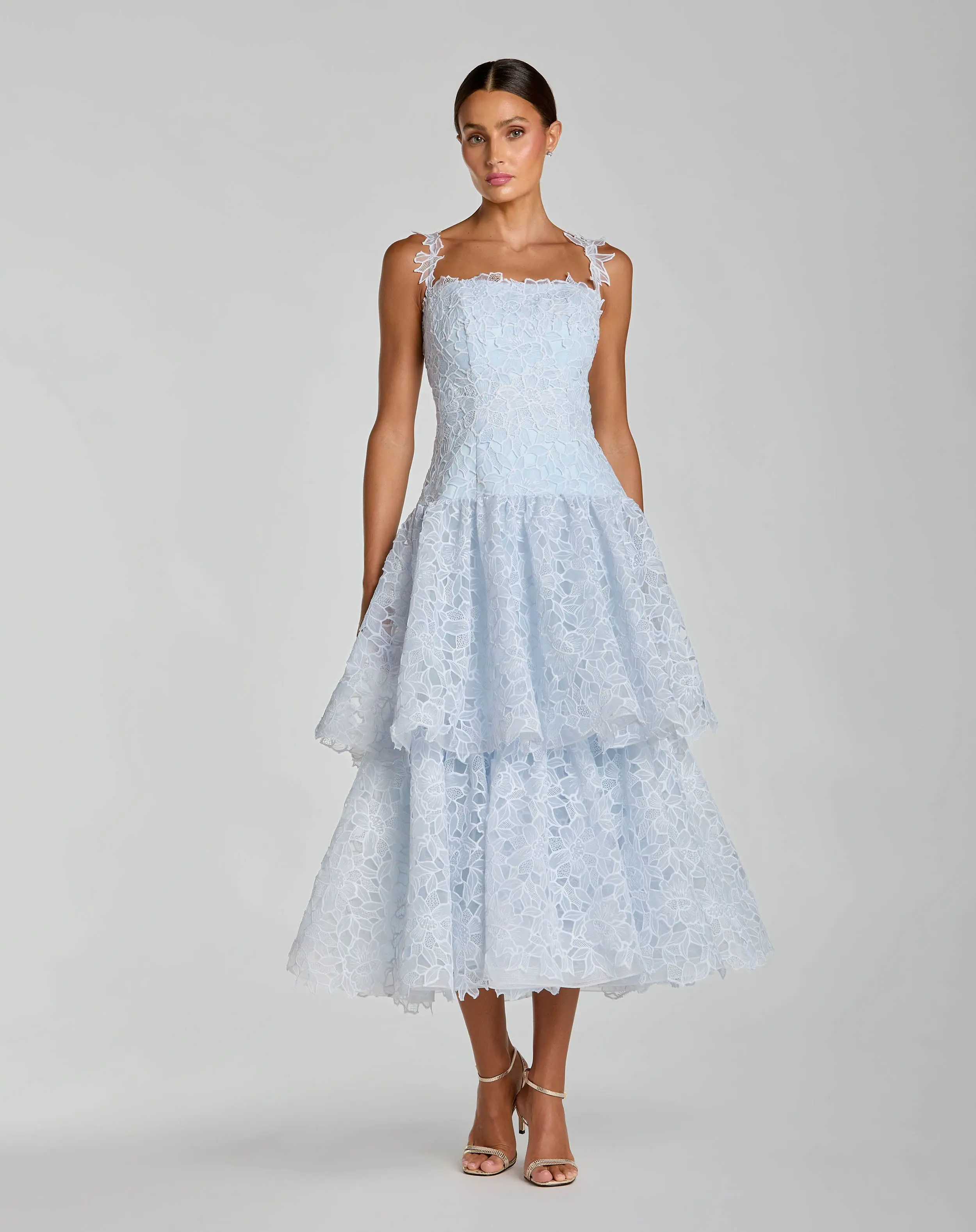 Petite Blue Sleeveless Embroidered Lace Tiered Midi Dress - Special Events Unlimited