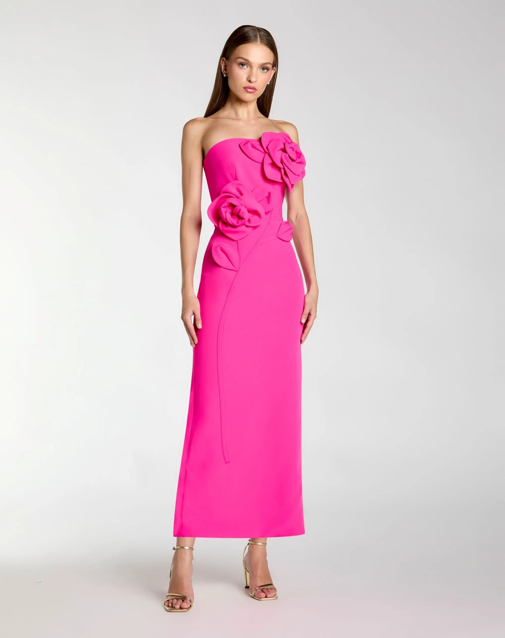 Pink Strapless Crepe Dress With 3D Flower Detail - Special Events Unlimited