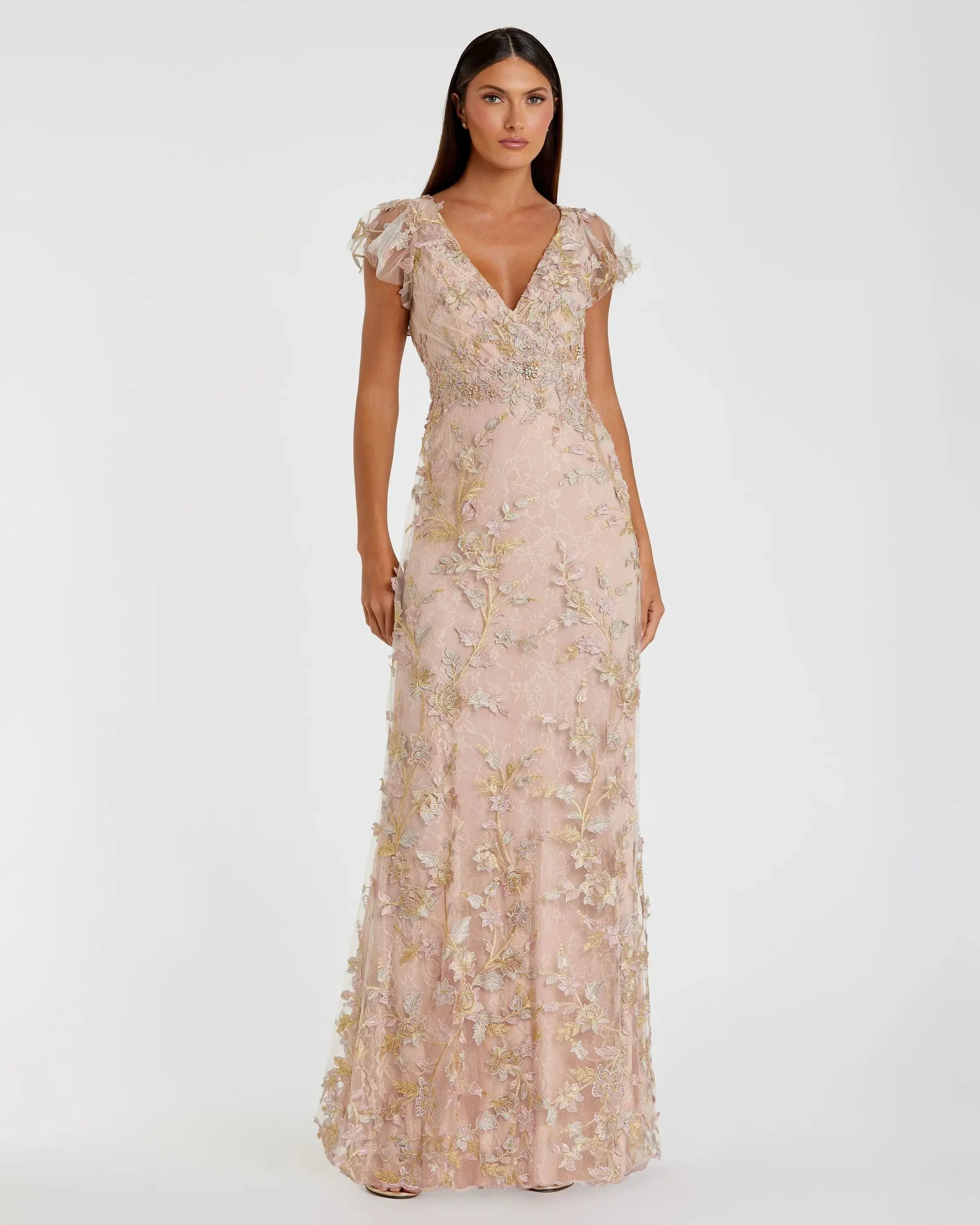 Pink Embroidered Applique Wrap Over Flutter Sleeve Gown - Special Events Unlimited