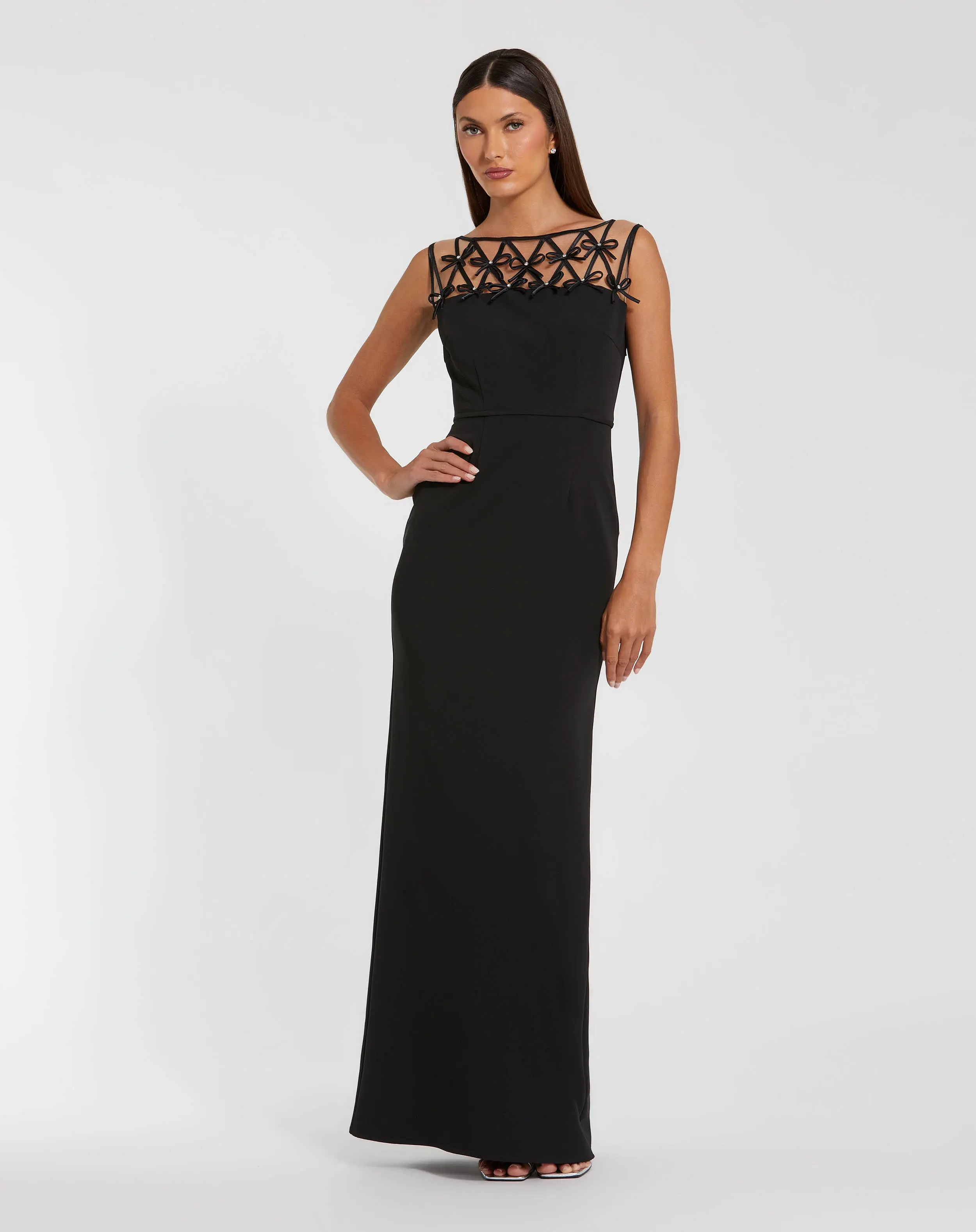 Black Sleeveless Crepe Gown With Embellished Bows - Special Events Unlimited