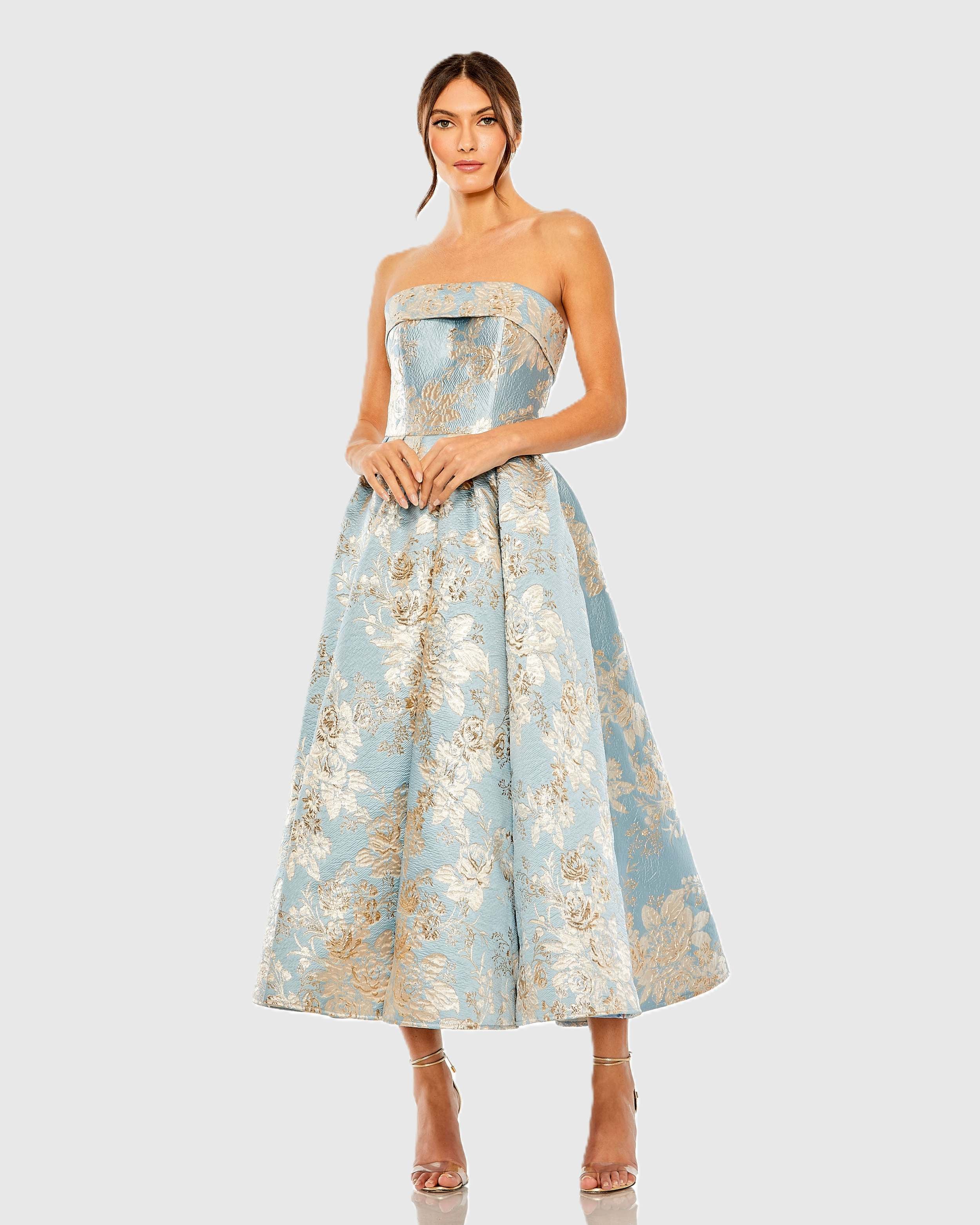 Light Blue Strapless Brocade Midi Dress With Pockets - Special Events Unlimited
