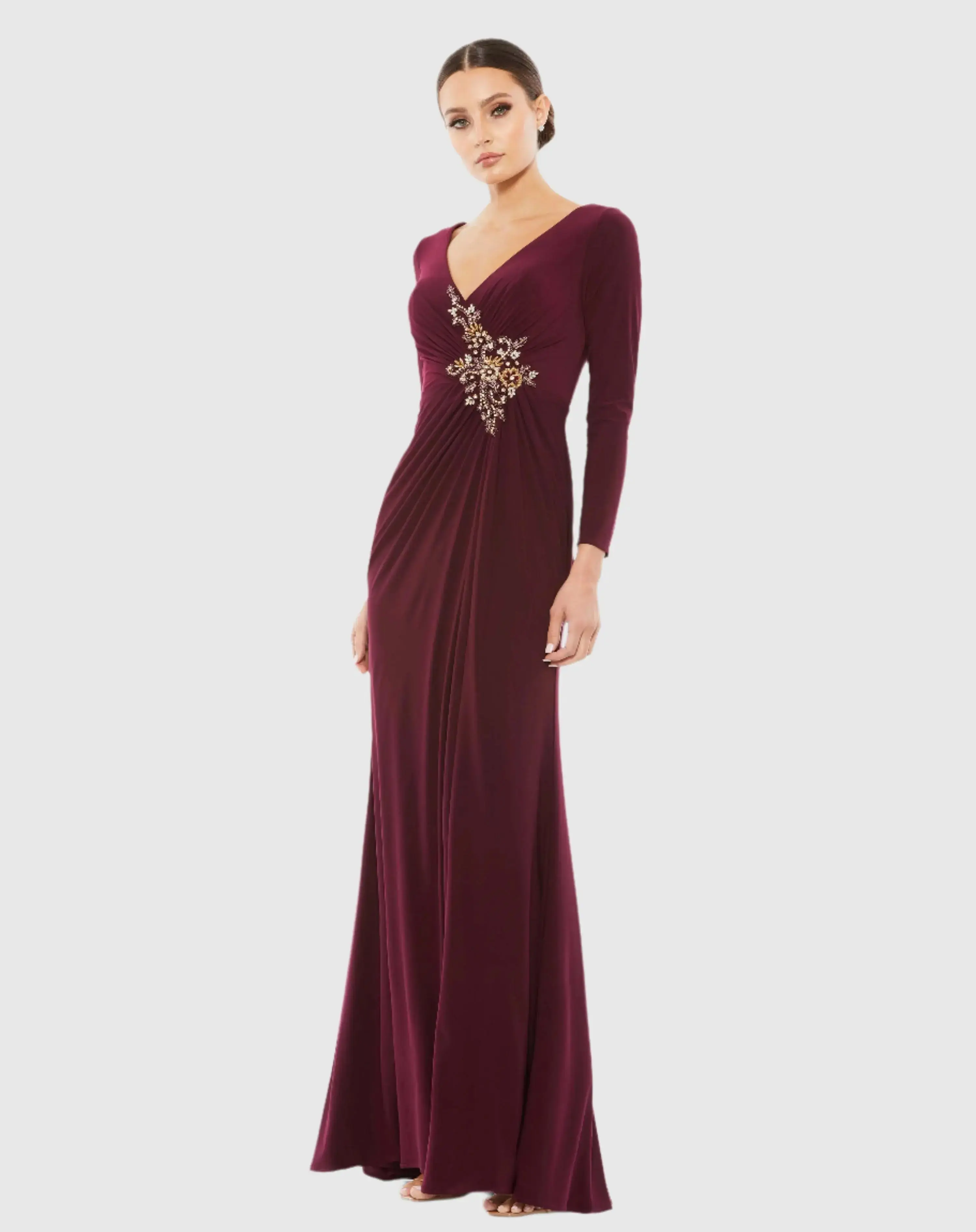 Red Faux Wrap Long Sleeve Evening Gown with Appliqué Detail - Special Events Unlimited