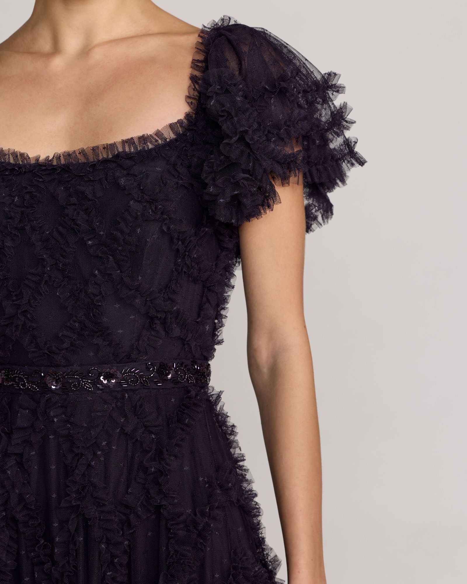 Dark Purple Tiered Ruffle Puff Sleeve Gown - Special Events Unlimited