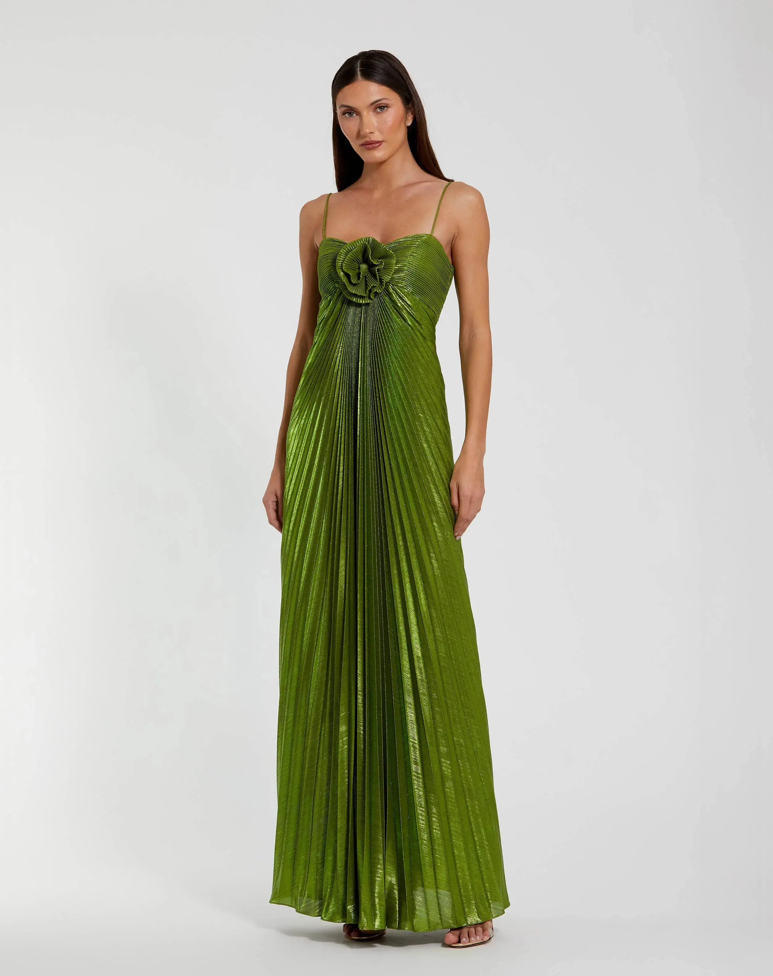 Green Metallic Pleated Gown With 3D Flower - Special Events Unlimited