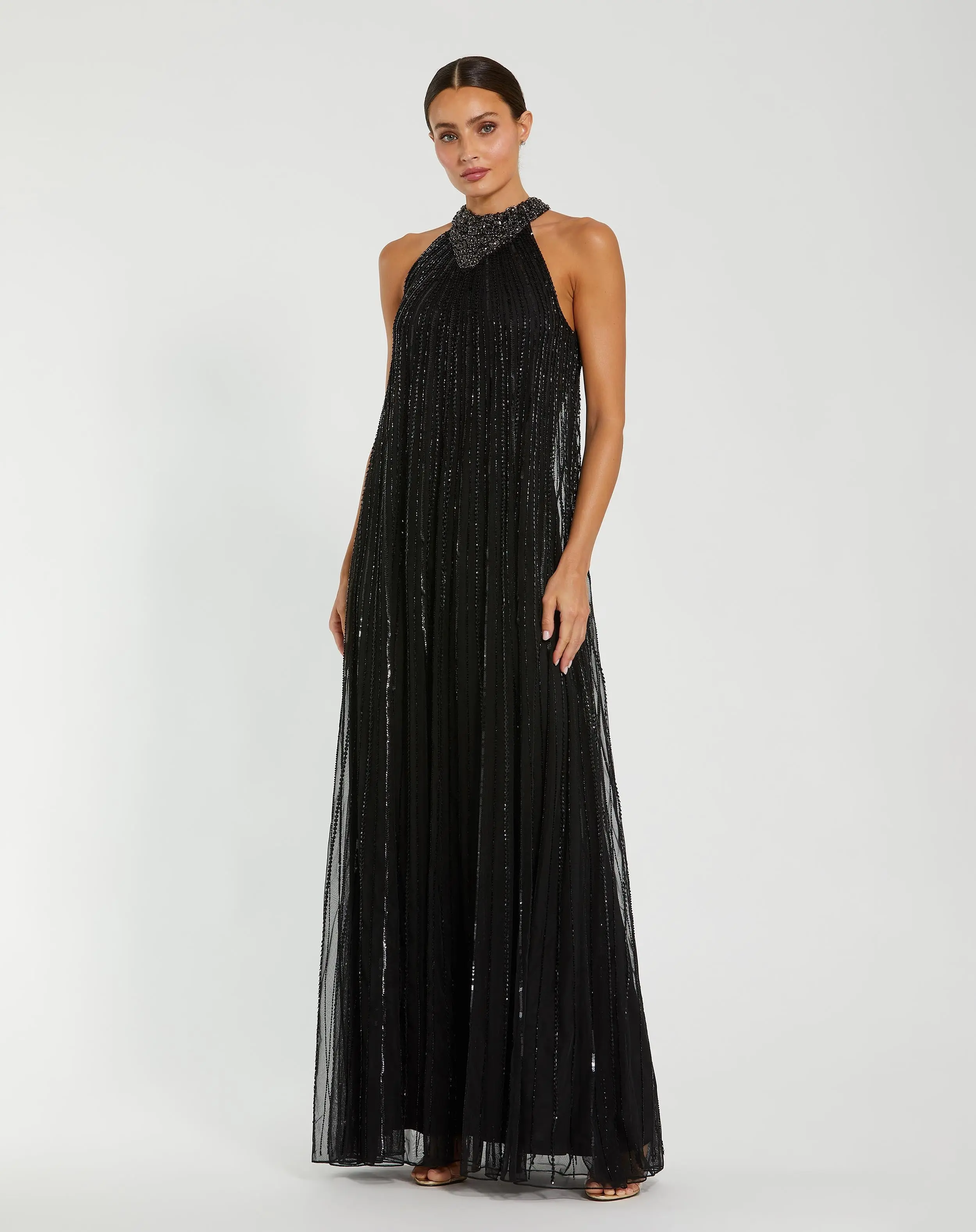 Black Sleeveless Halter Neck Embellished Trapeze Gown - Special Events Unlimited