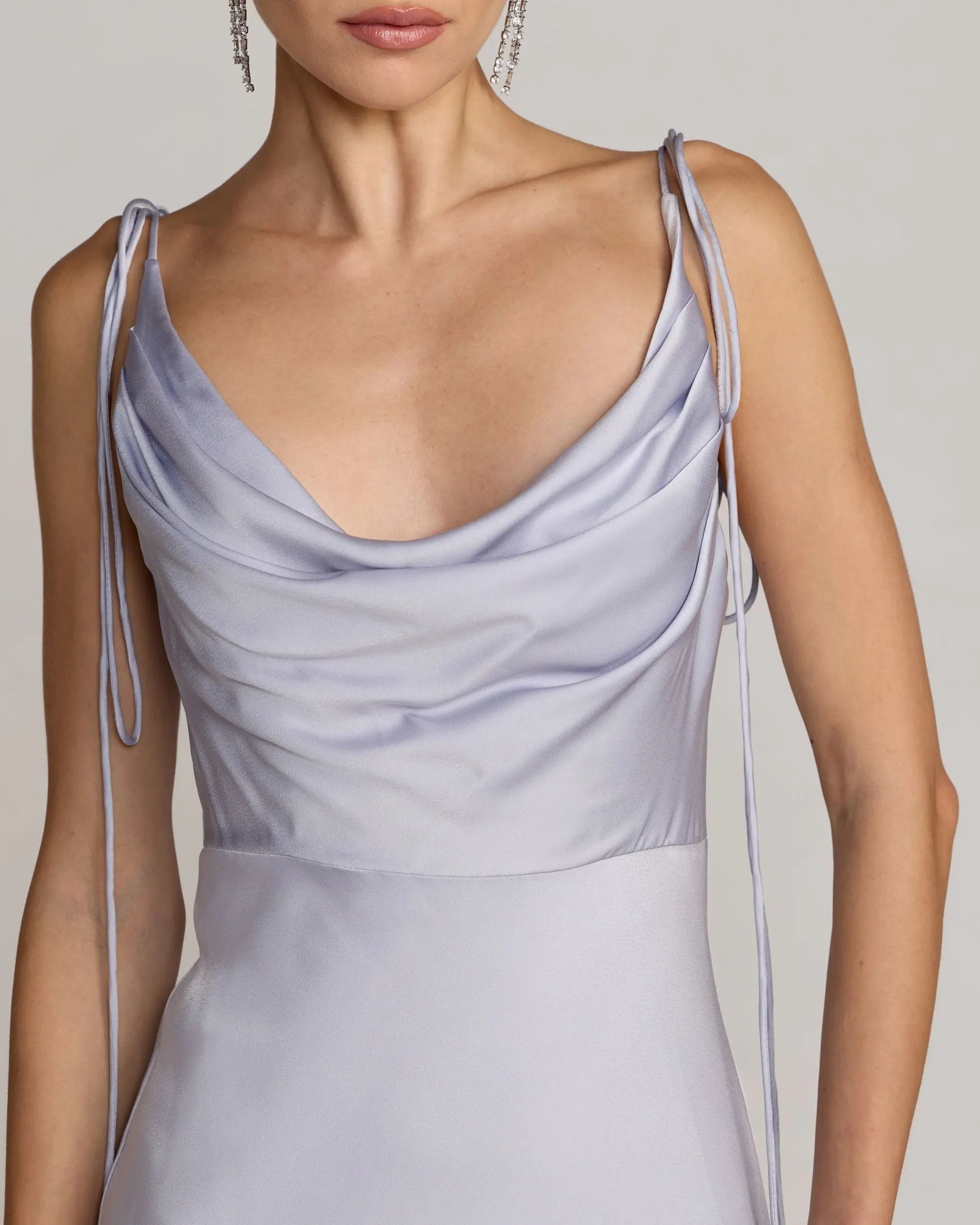Purple Charmeuse Cowl Gown With Thin Bow Straps - Special Events Unlimited
