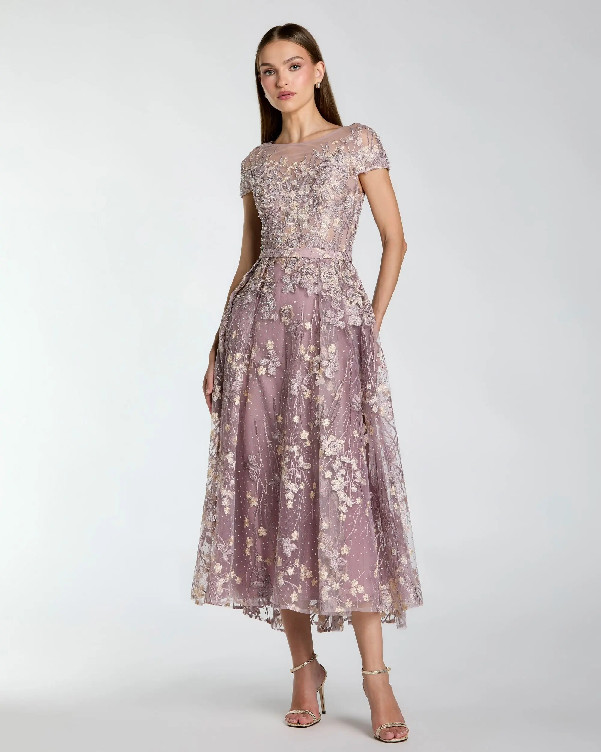 Purple Embroidered Cap Sleeve High Neck Midi Dress - Special Events Unlimited