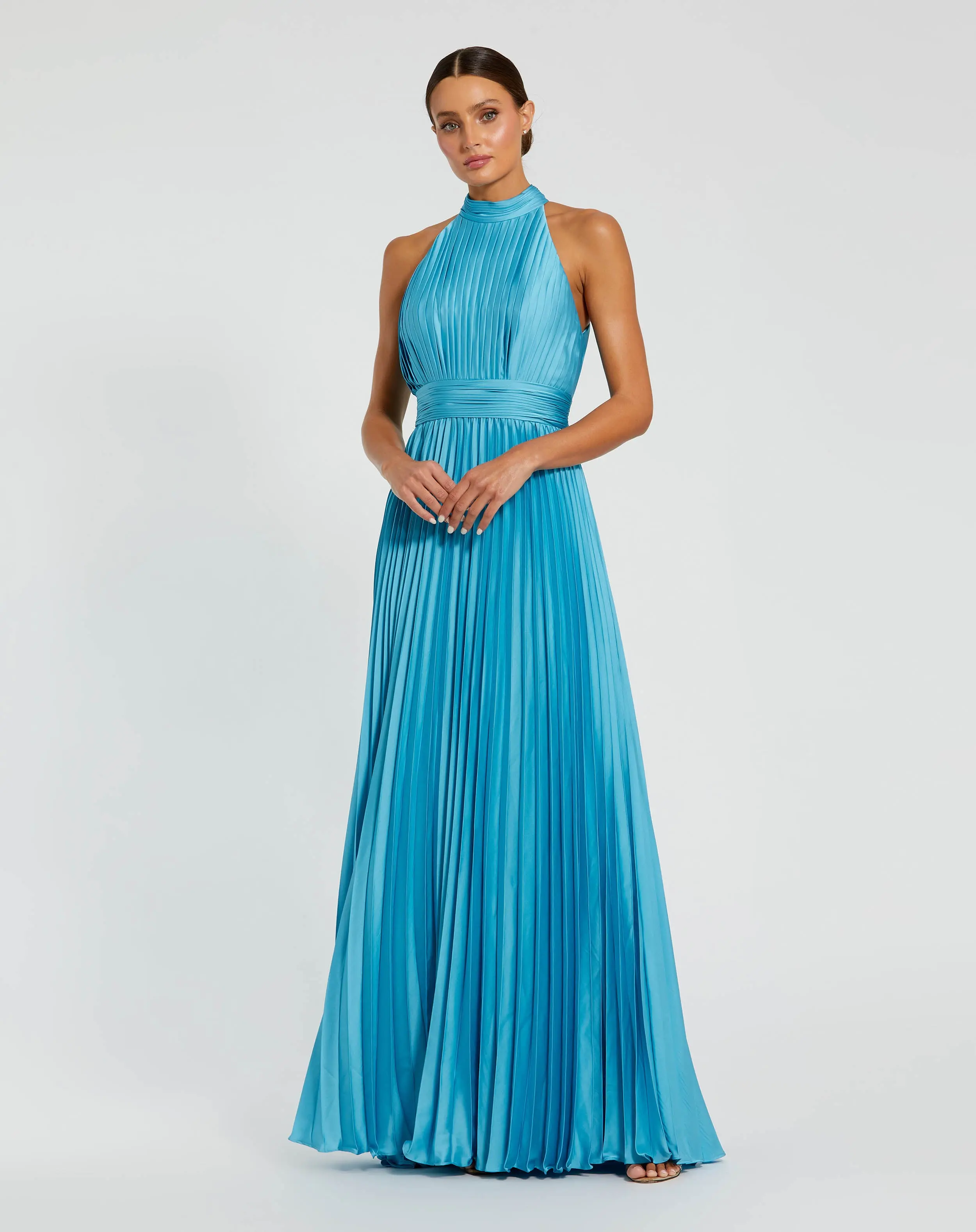 Blue Sleeveless Halter Neck Pleated Satin Gown - Special Events Unlimited