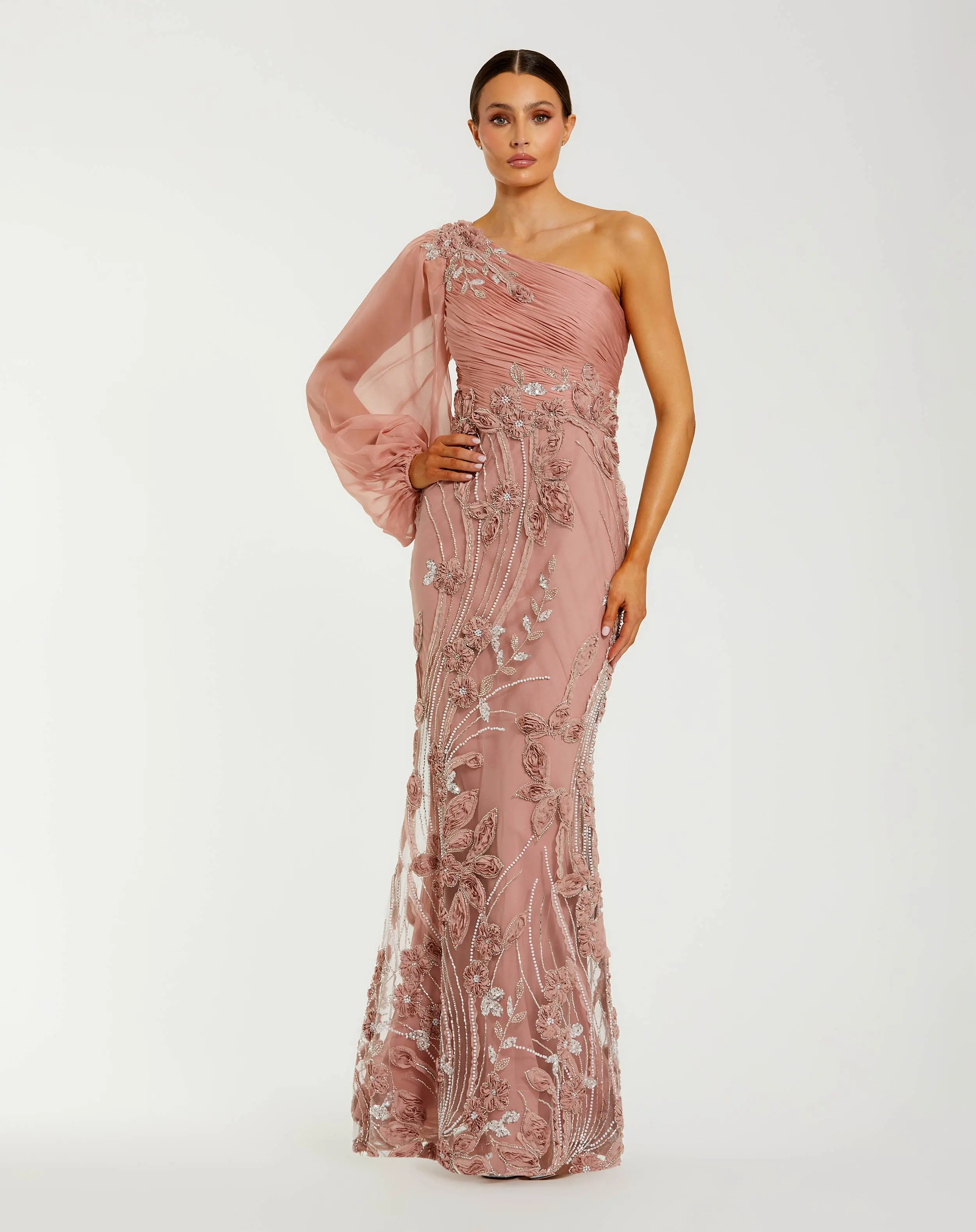 Pink One Sleeve Chiffon Embellished Gown - Special Events Unlimited