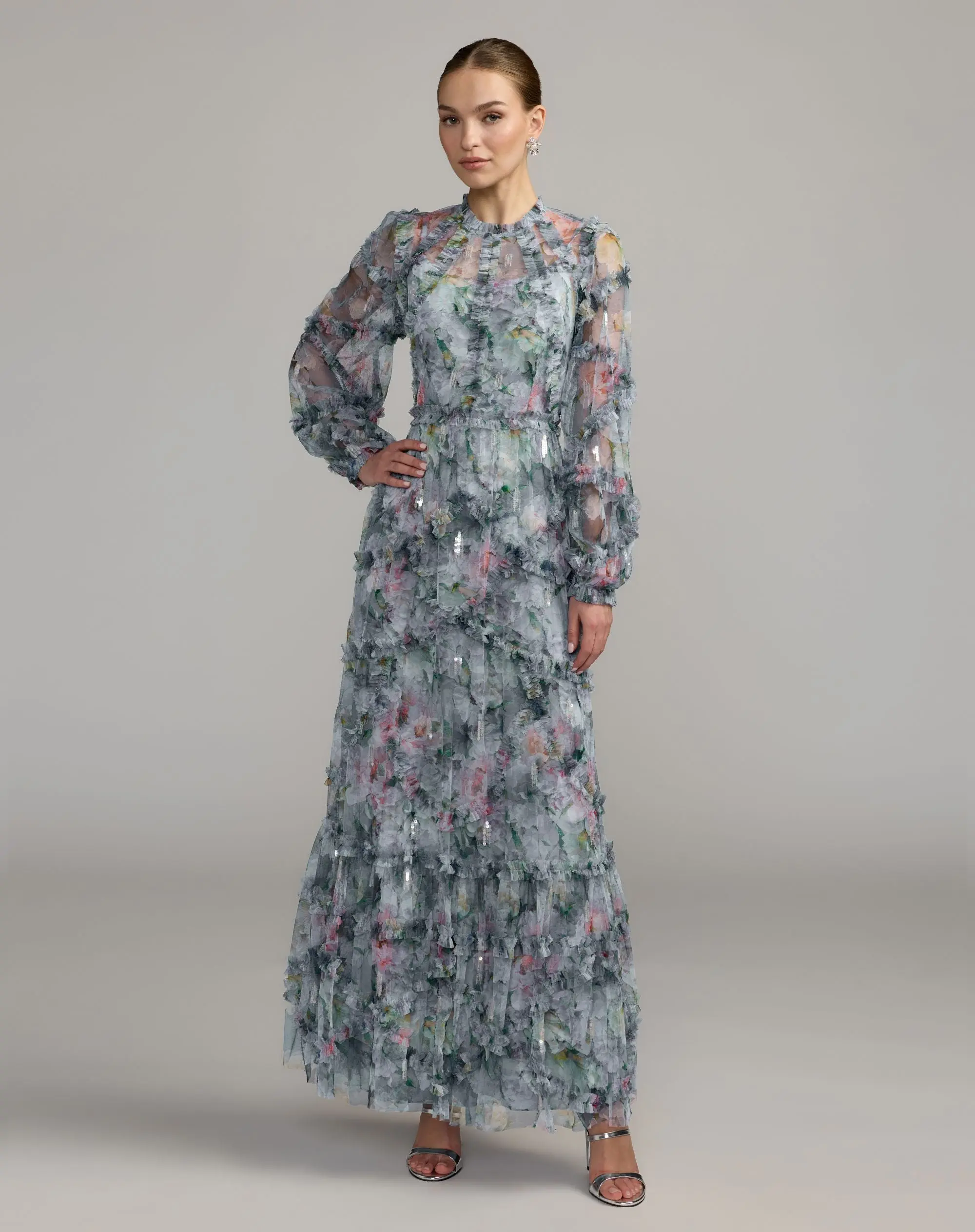 Blue Floral Long Sleeve High Neck Ruffle Maxi Dress - Special Events Unlimited