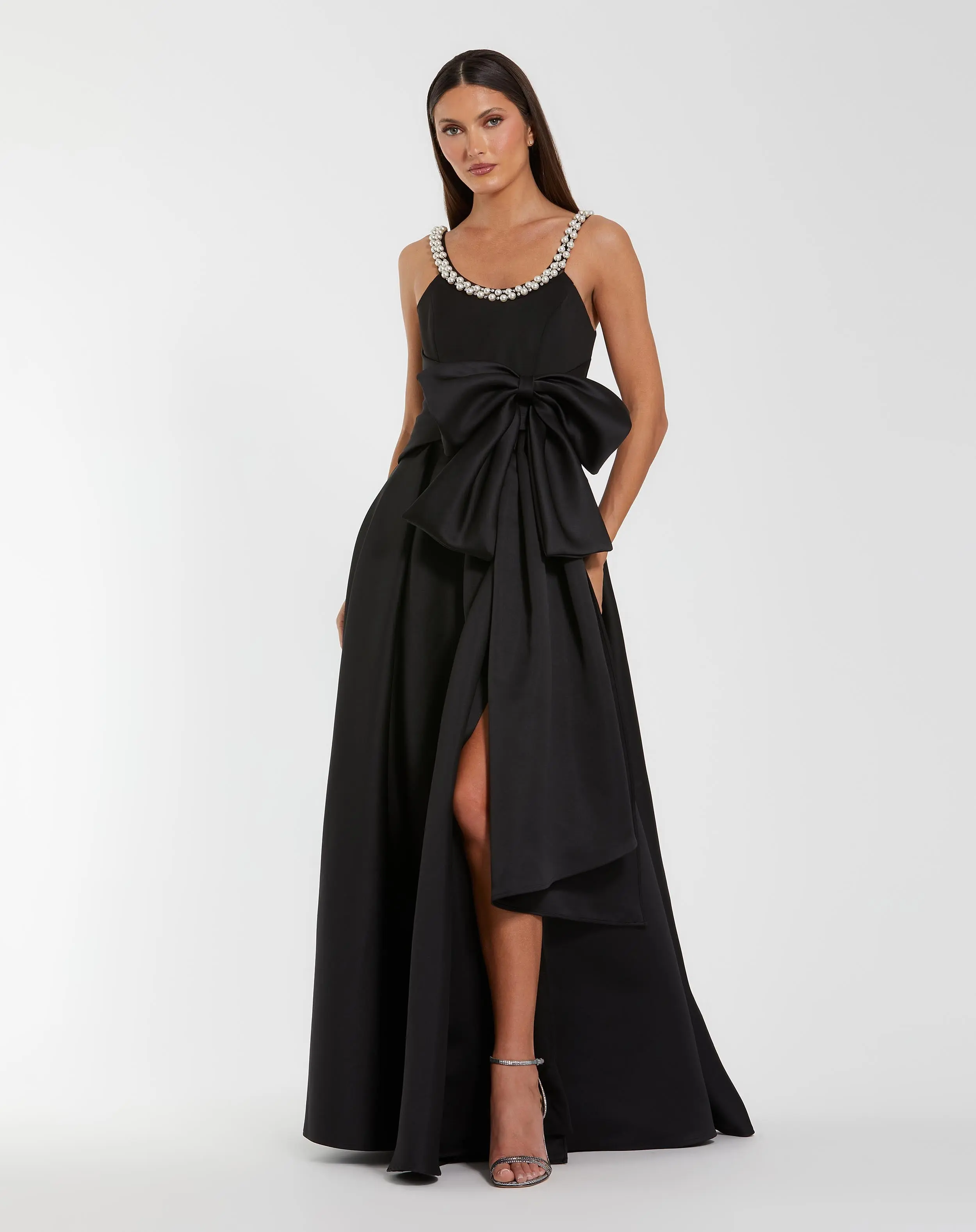 Black Satin Gown With Pearl Neckline and Bow Detail - Special Events Unlimited