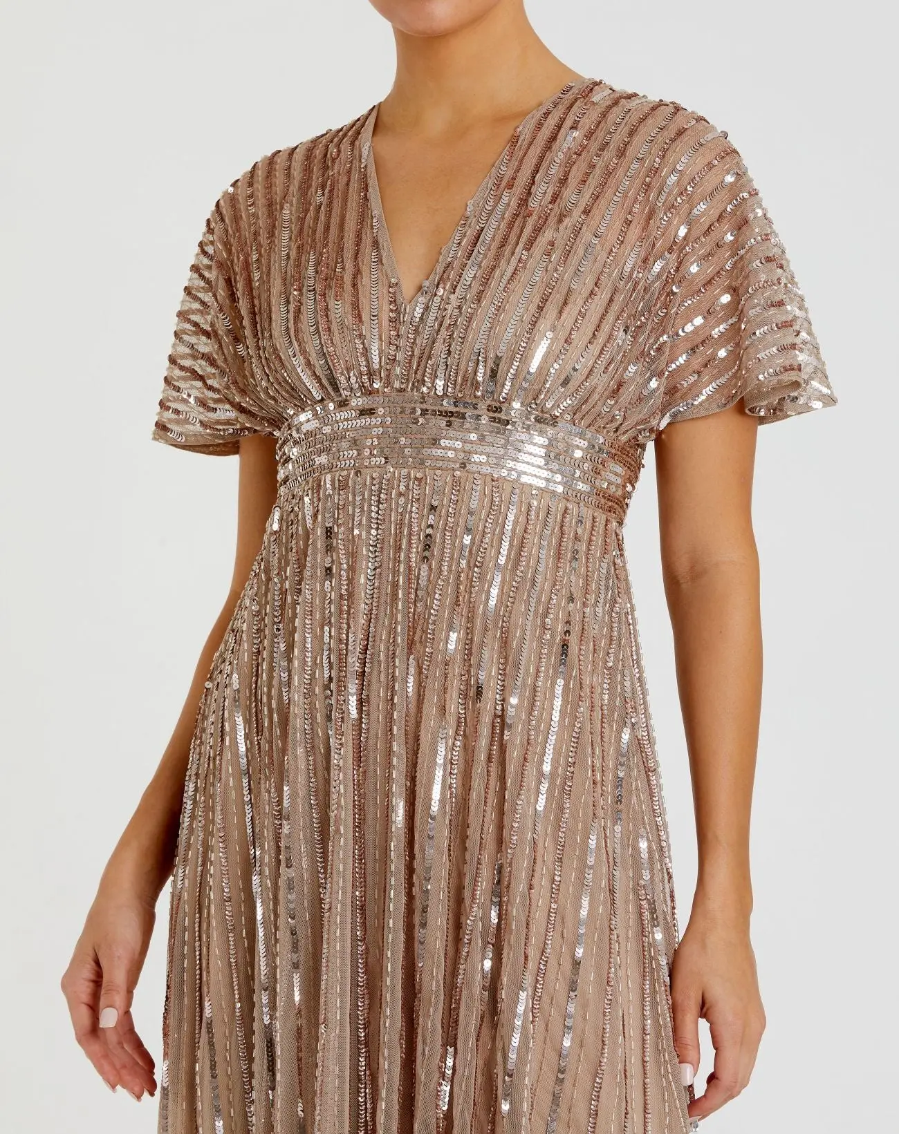 Beige Embellished Short Sleeve Empire Waist Gown - Special Events Unlimited