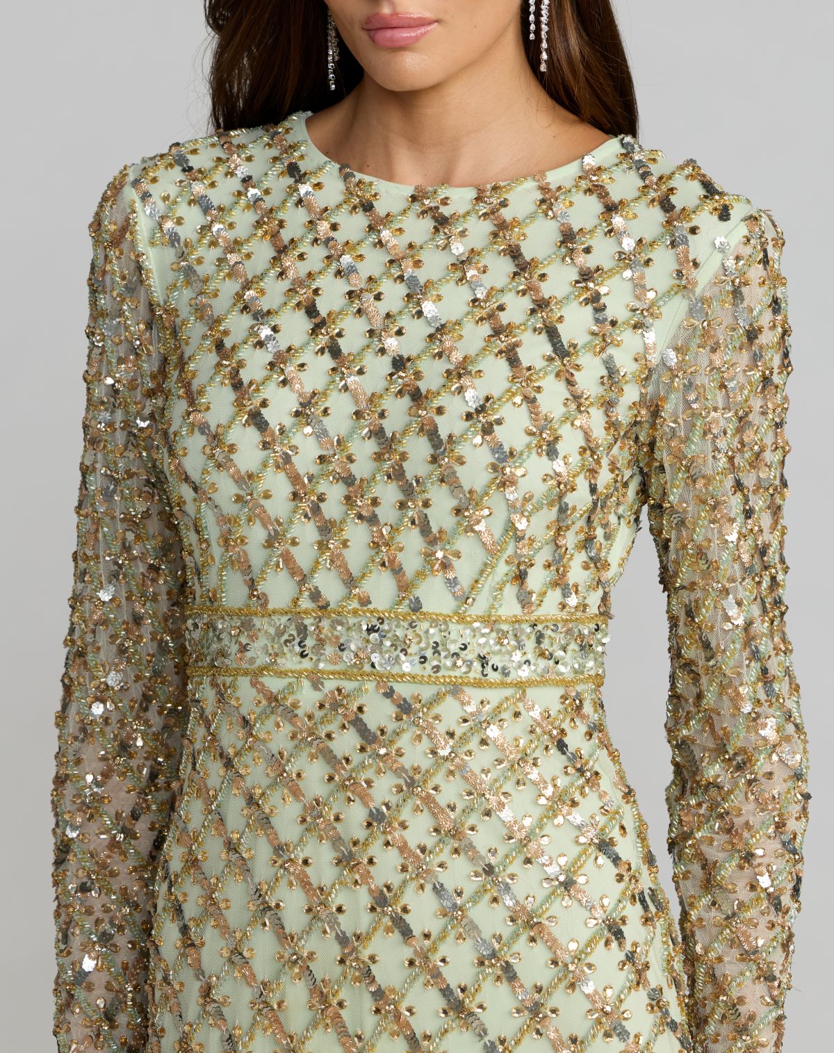 Sage Green Long Sleeve High Neck Embellished Gown - Special Events Unlimited