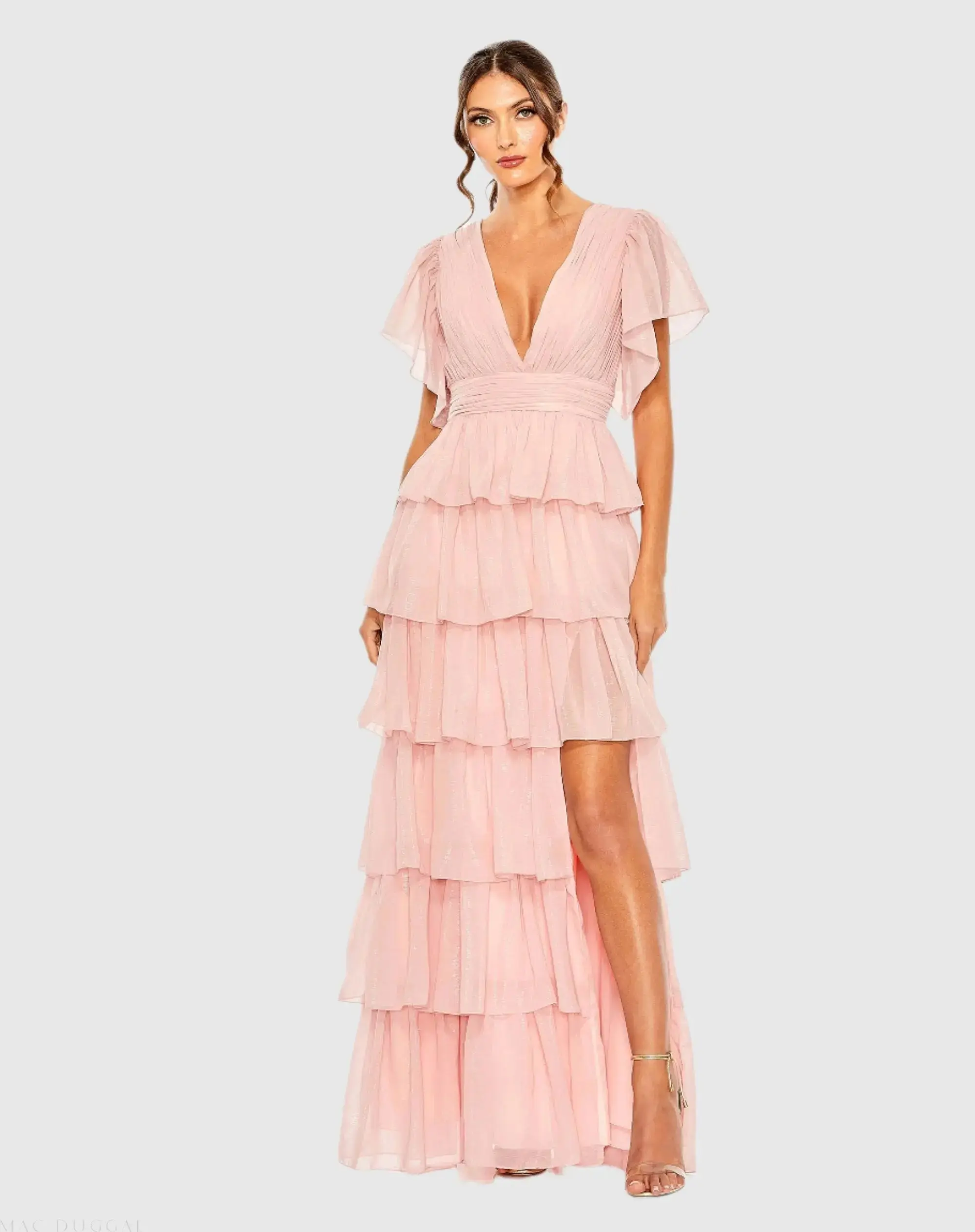 Pink Flutter Sleeve Ruffle Tiered Gown - Special Events Unlimited