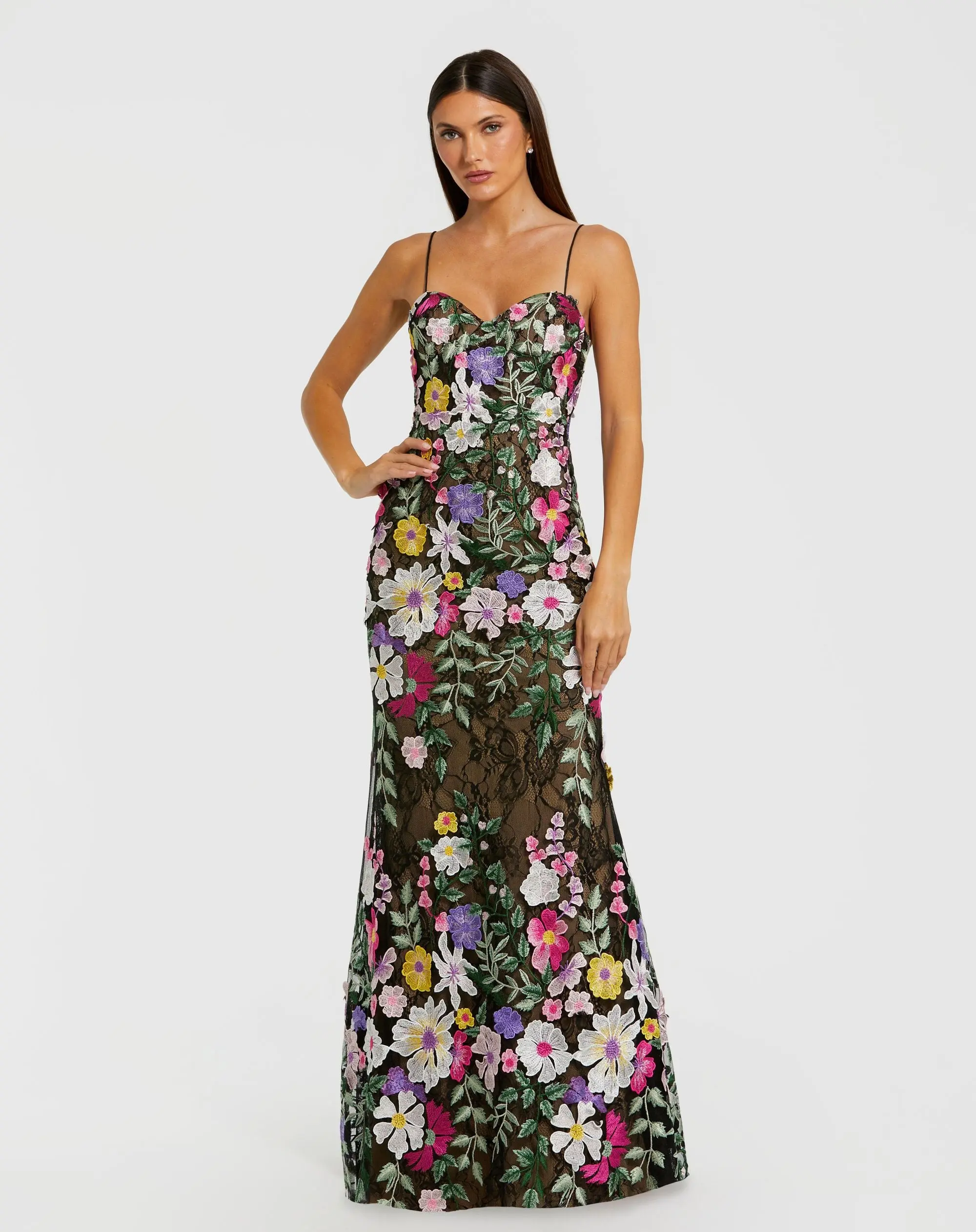 Black Floral Embroidered Sleeveless Bustier Gown - Special Events Unlimited