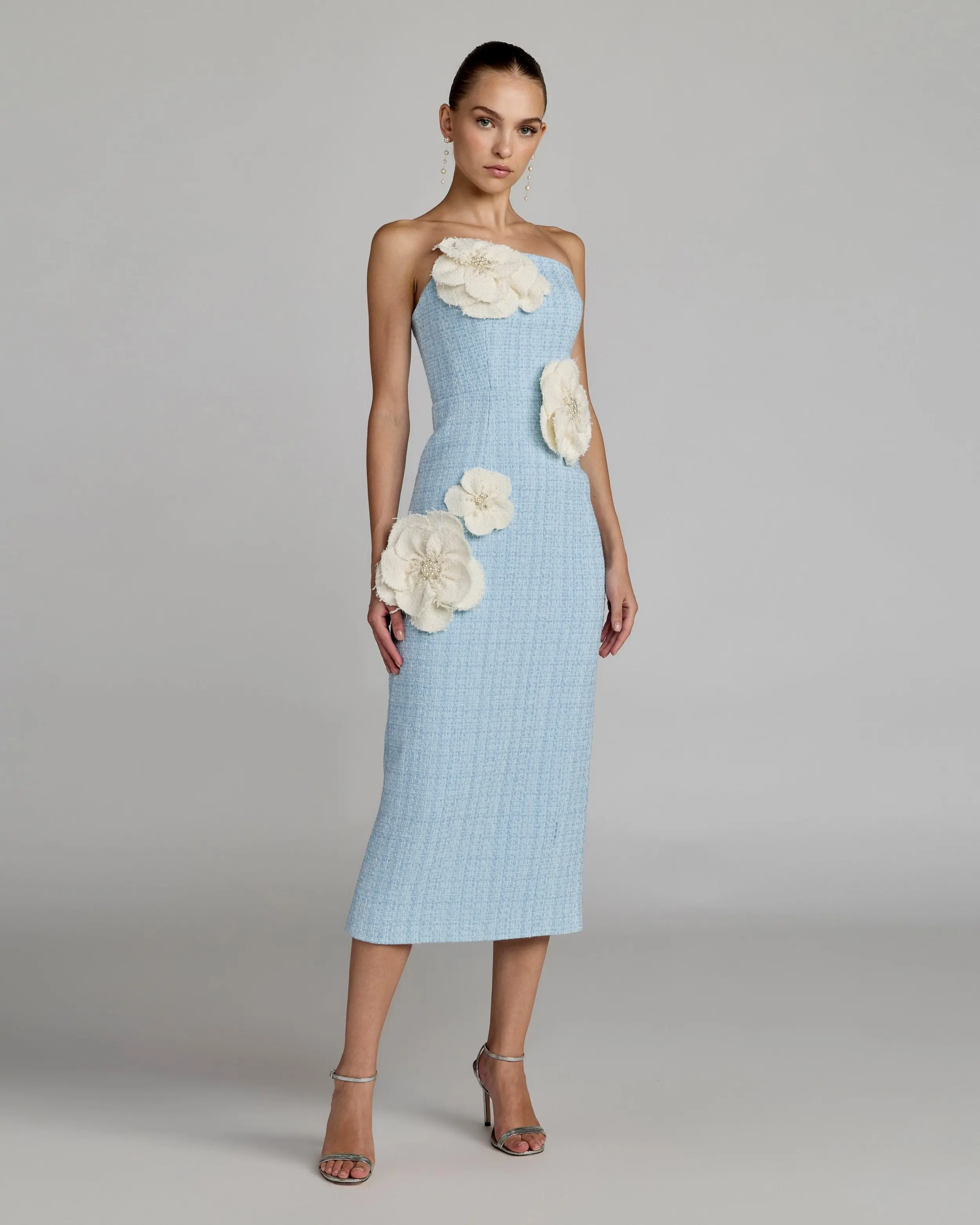 Blue Boucle Strapless 3D Floral Midi Dress - Special Events Unlimited