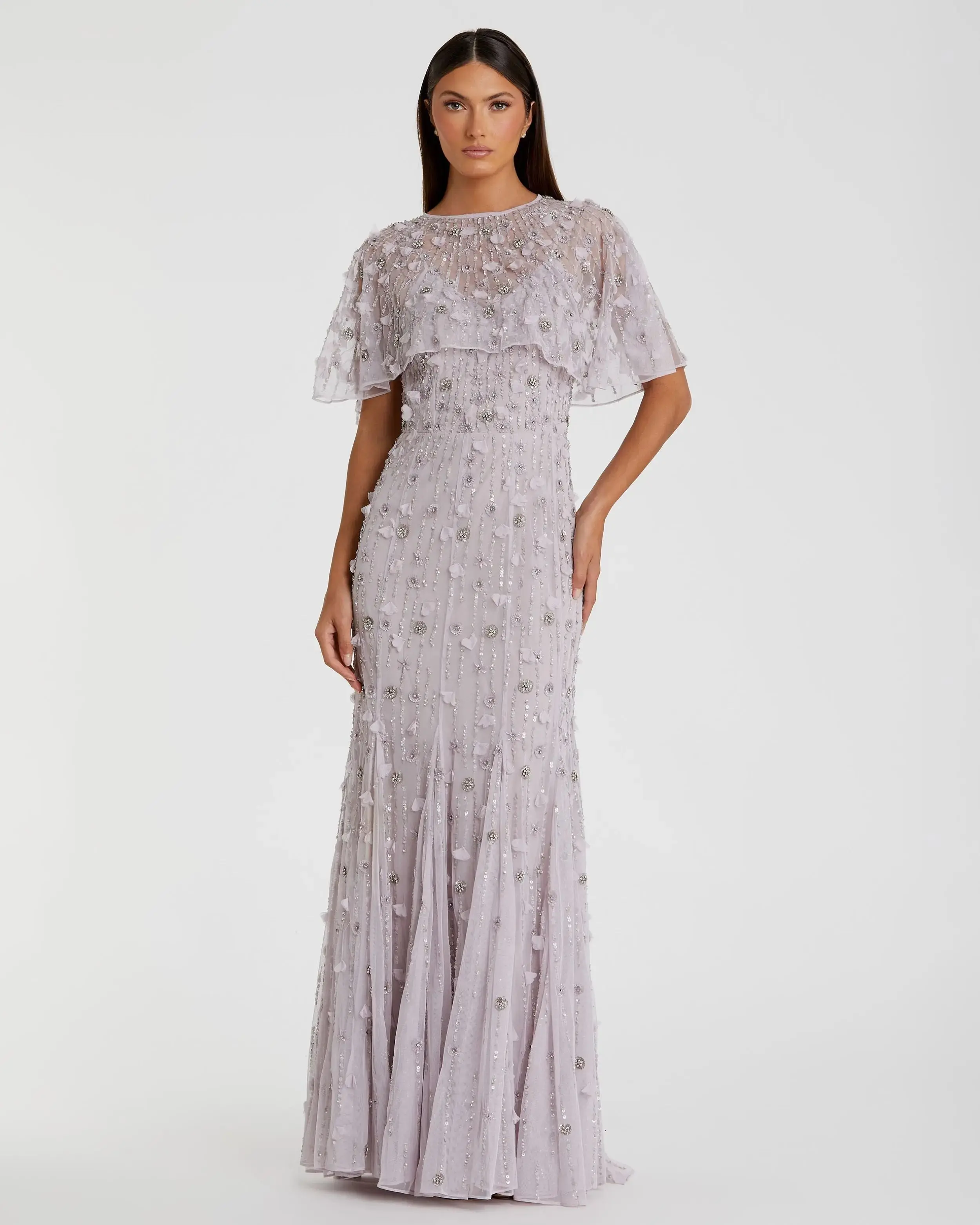 Purple Embellished Illusion Cape Sleeve Trumpet Gown - Special Events Unlimited