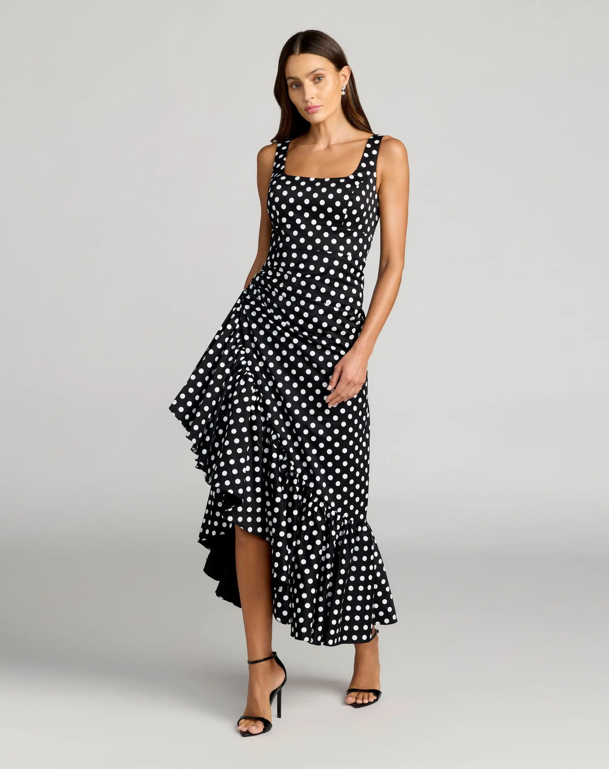 Black Sleeveless Polka Dot Midi Dress With Ruffled Hem - Special Events Unlimited