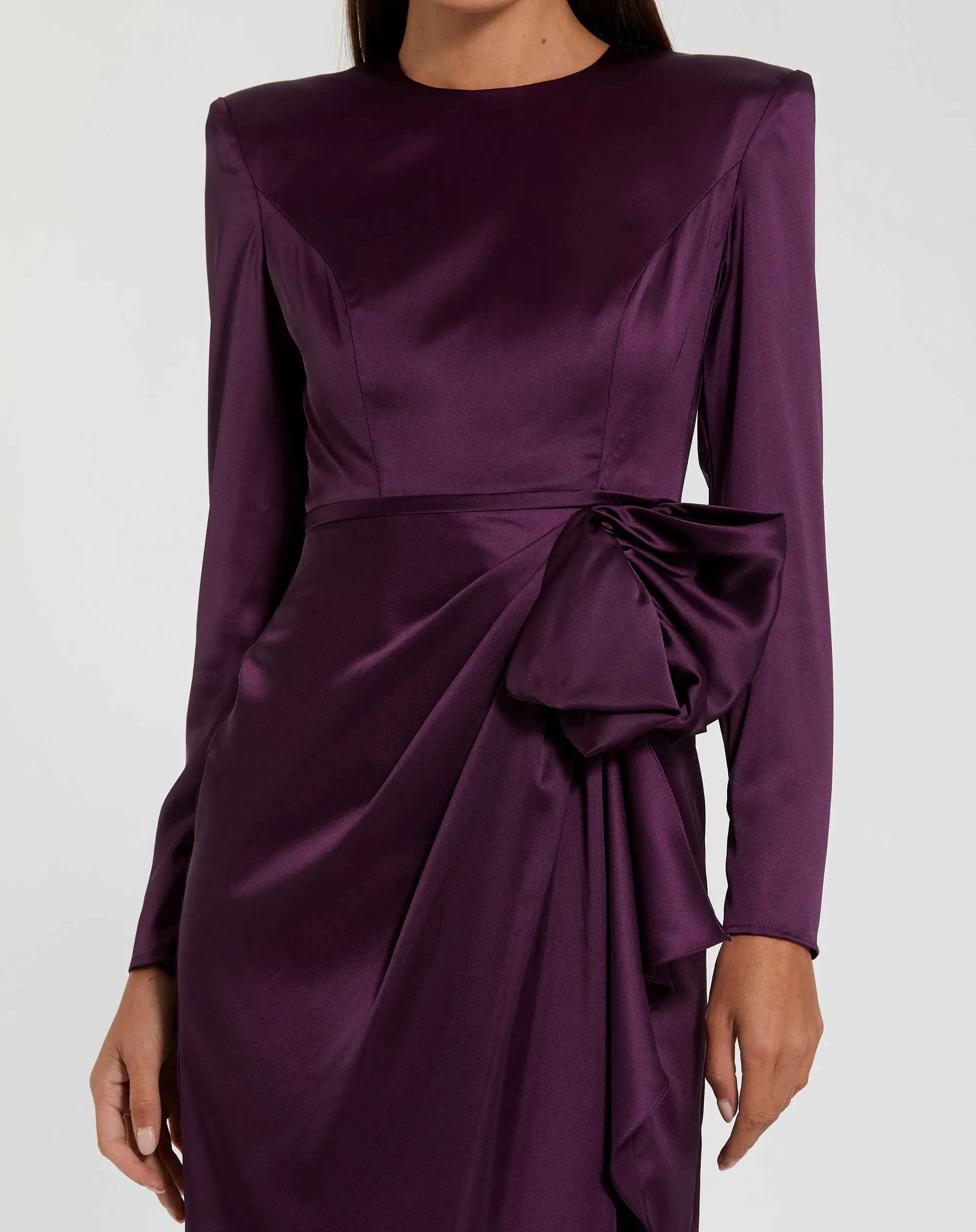 Purple Long Sleeve Structured Bow Draped Column Gown - Special Events Unlimited