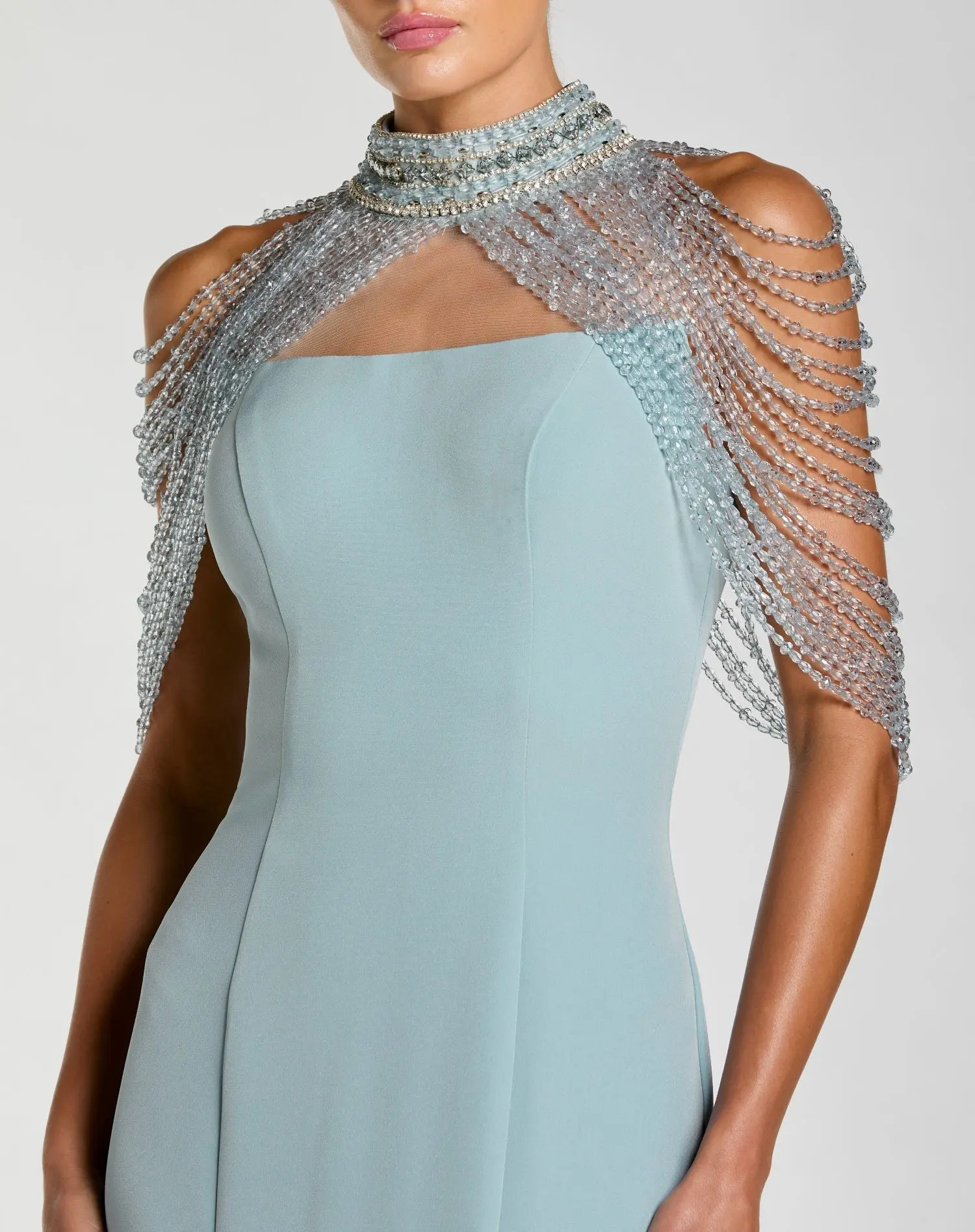 Blue Crepe Mermaid Gown With Crystal Draping - Special Events Unlimited