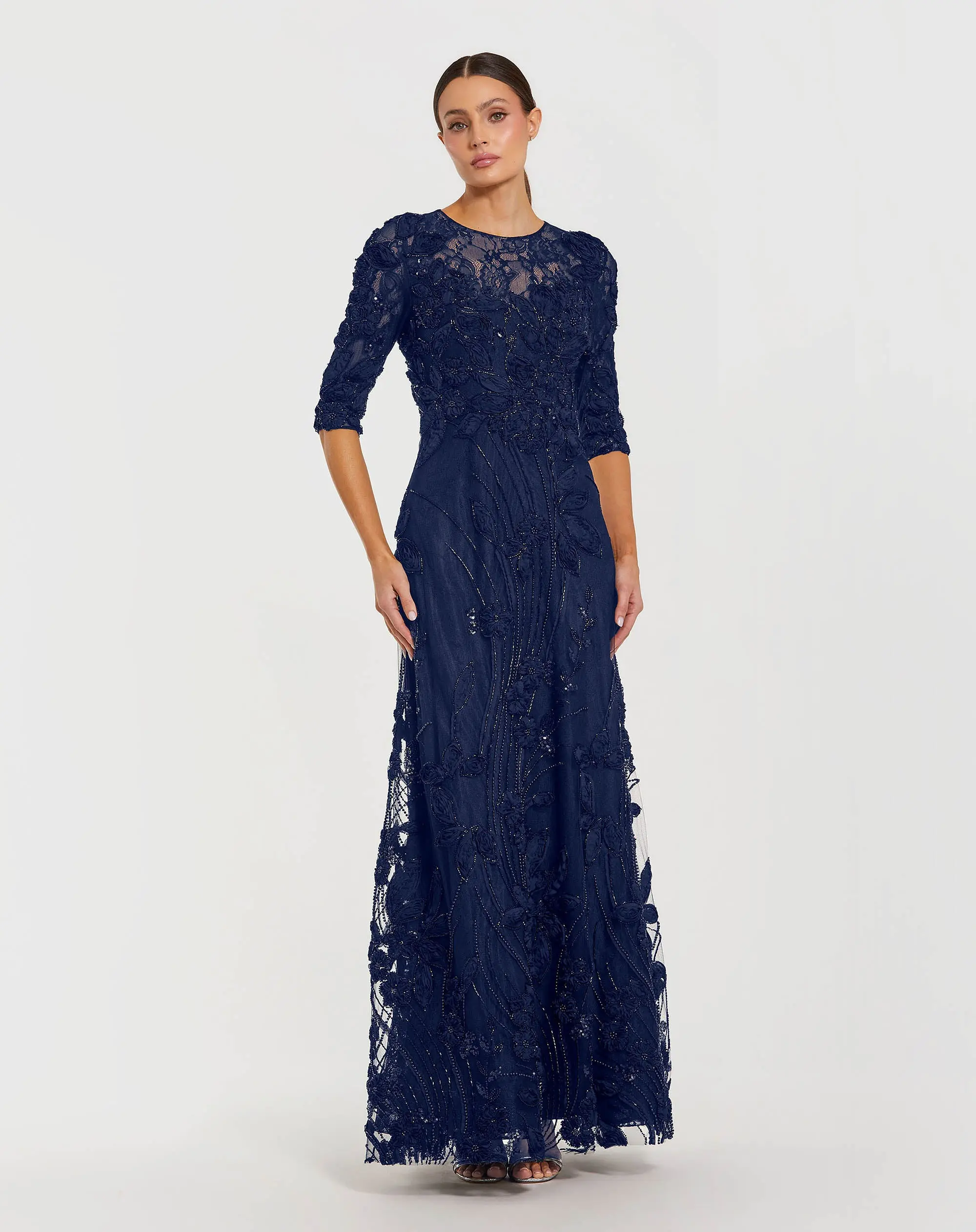 Petite Navy High Neck Embellished Lace Gown with 3/4 Sleeves - Special Events Unlimited
