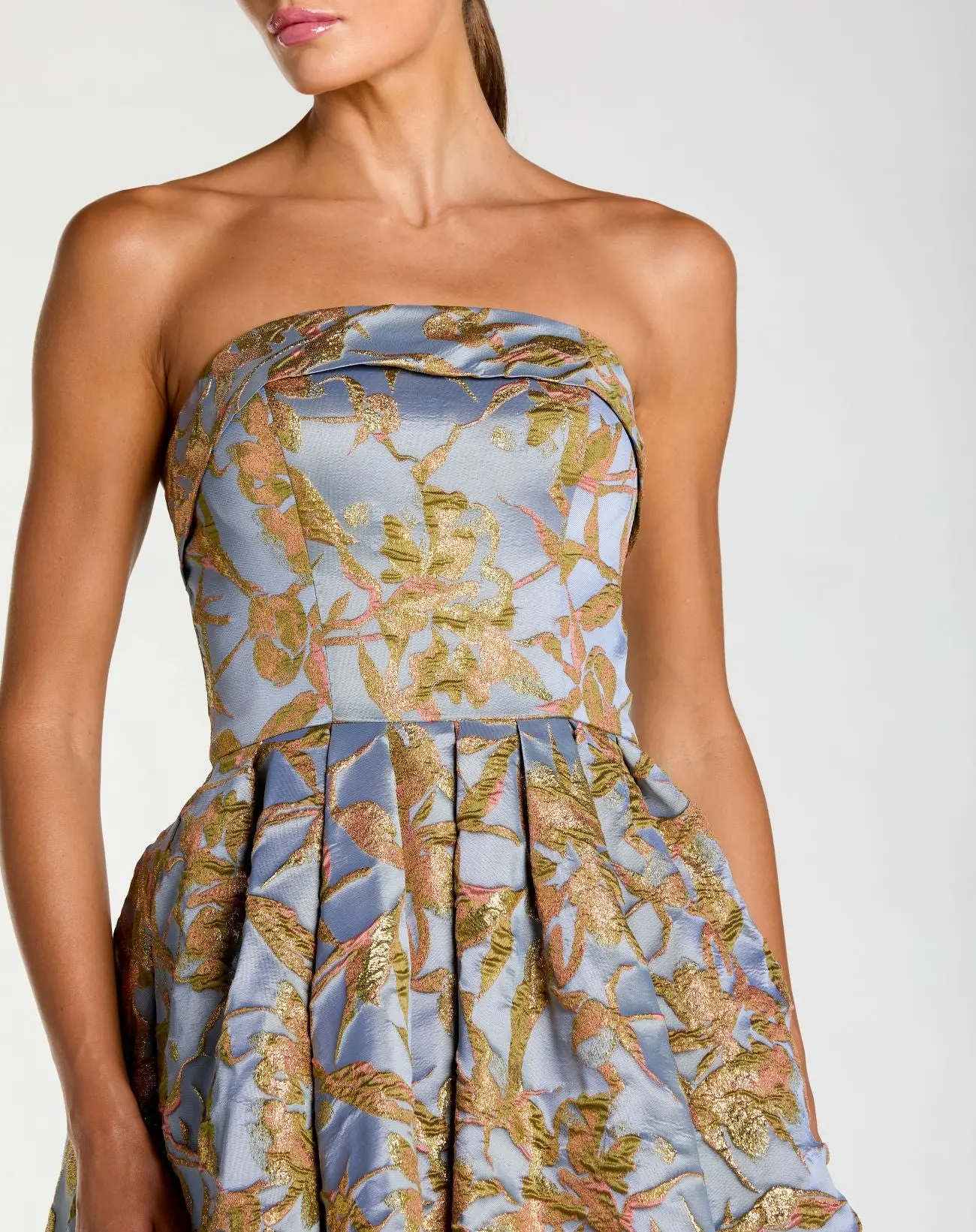 Blue Strapless Brocade Midi Dress With Pockets - Special Events Unlimited
