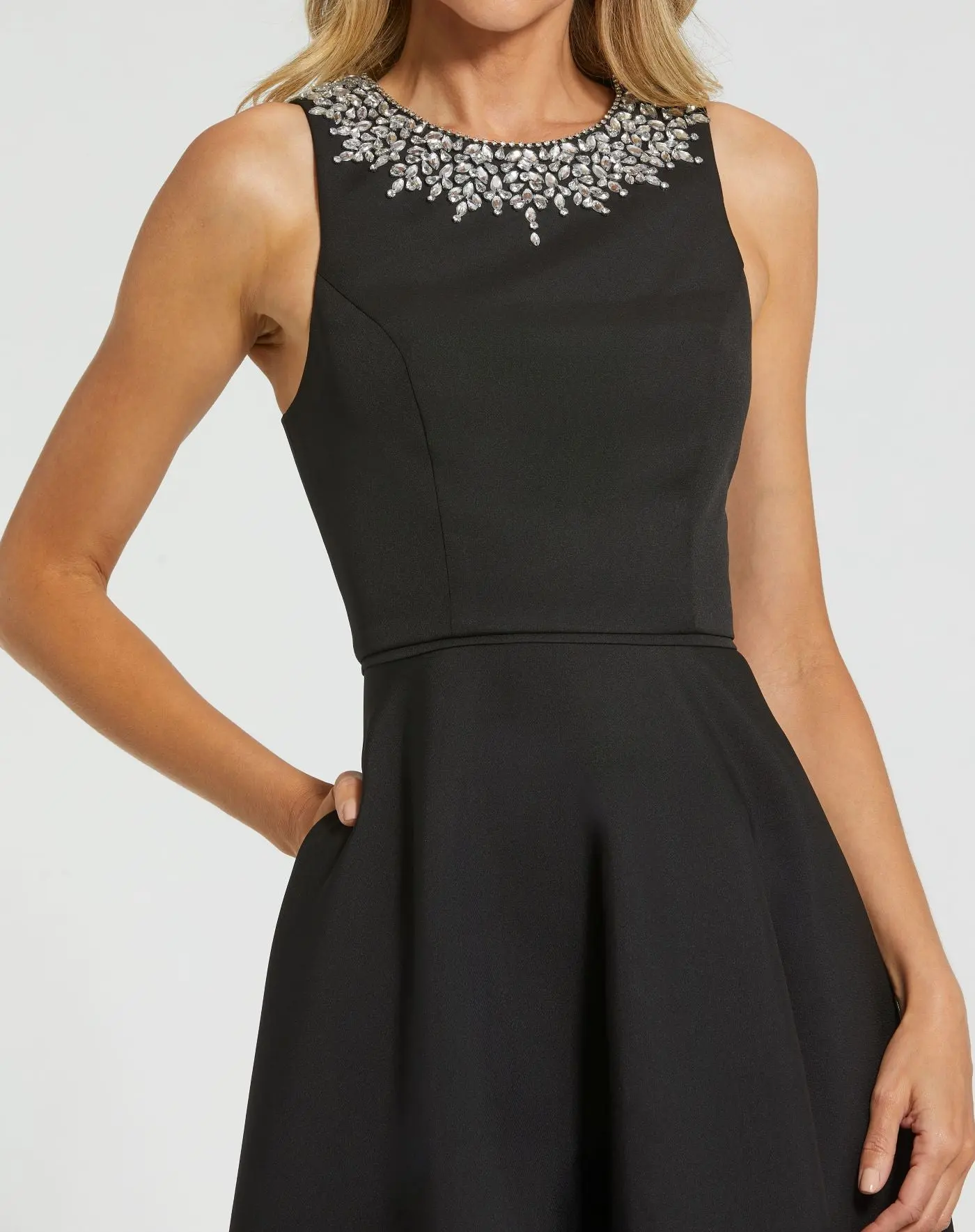 Black Crepe Embellished Neck High Low Gown - Special Events Unlimited