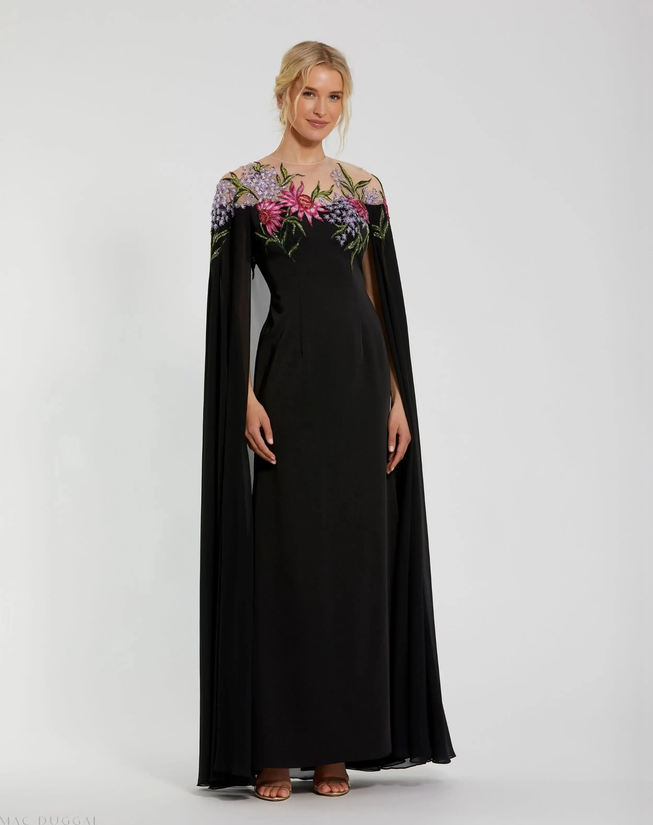 Black Sheer Cape Gown with Beaded Embroidery - Special Events Unlimited