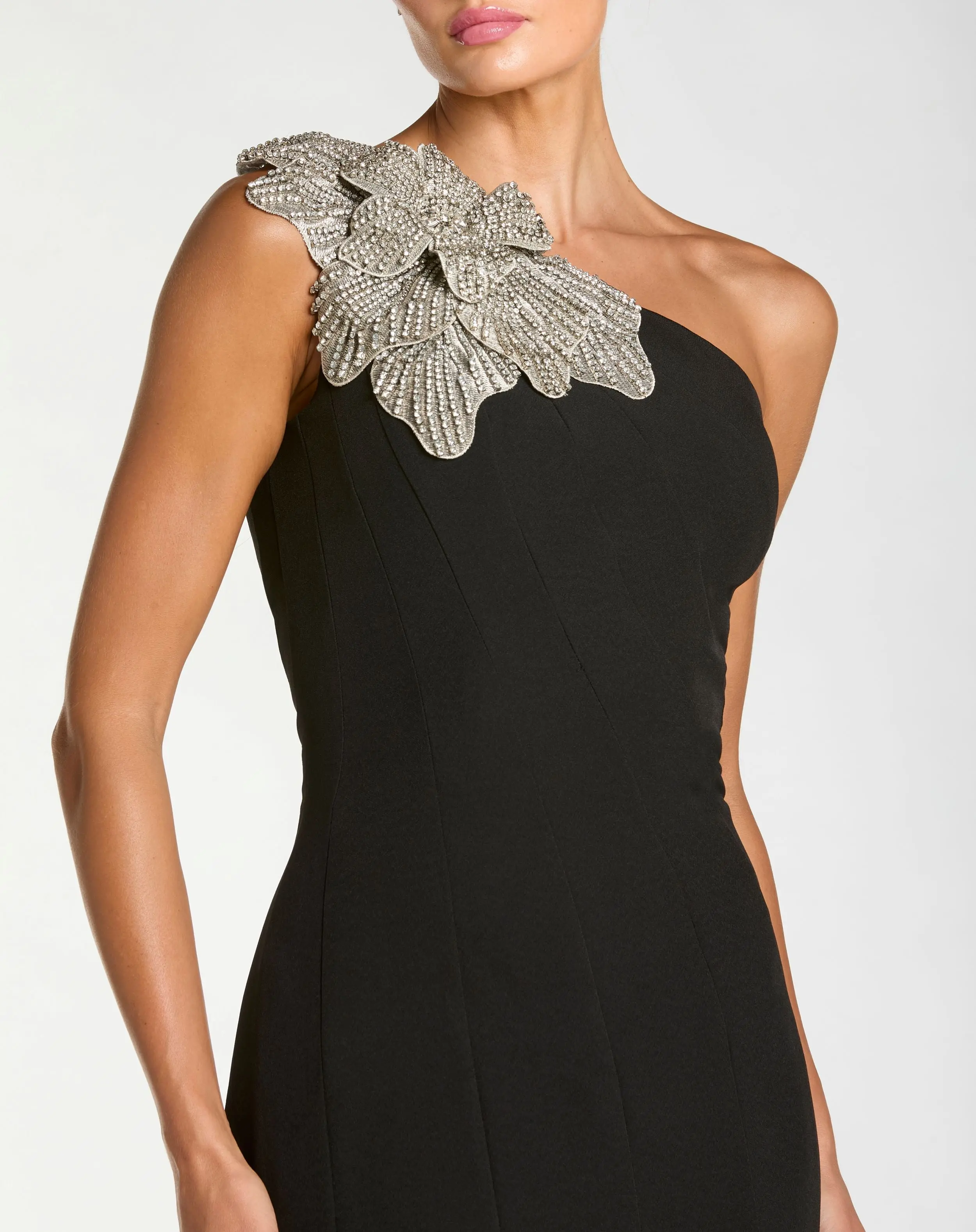 Petite Black Crepe One Shoulder Mermaid Midi Dress With Flower - Special Events Unlimited