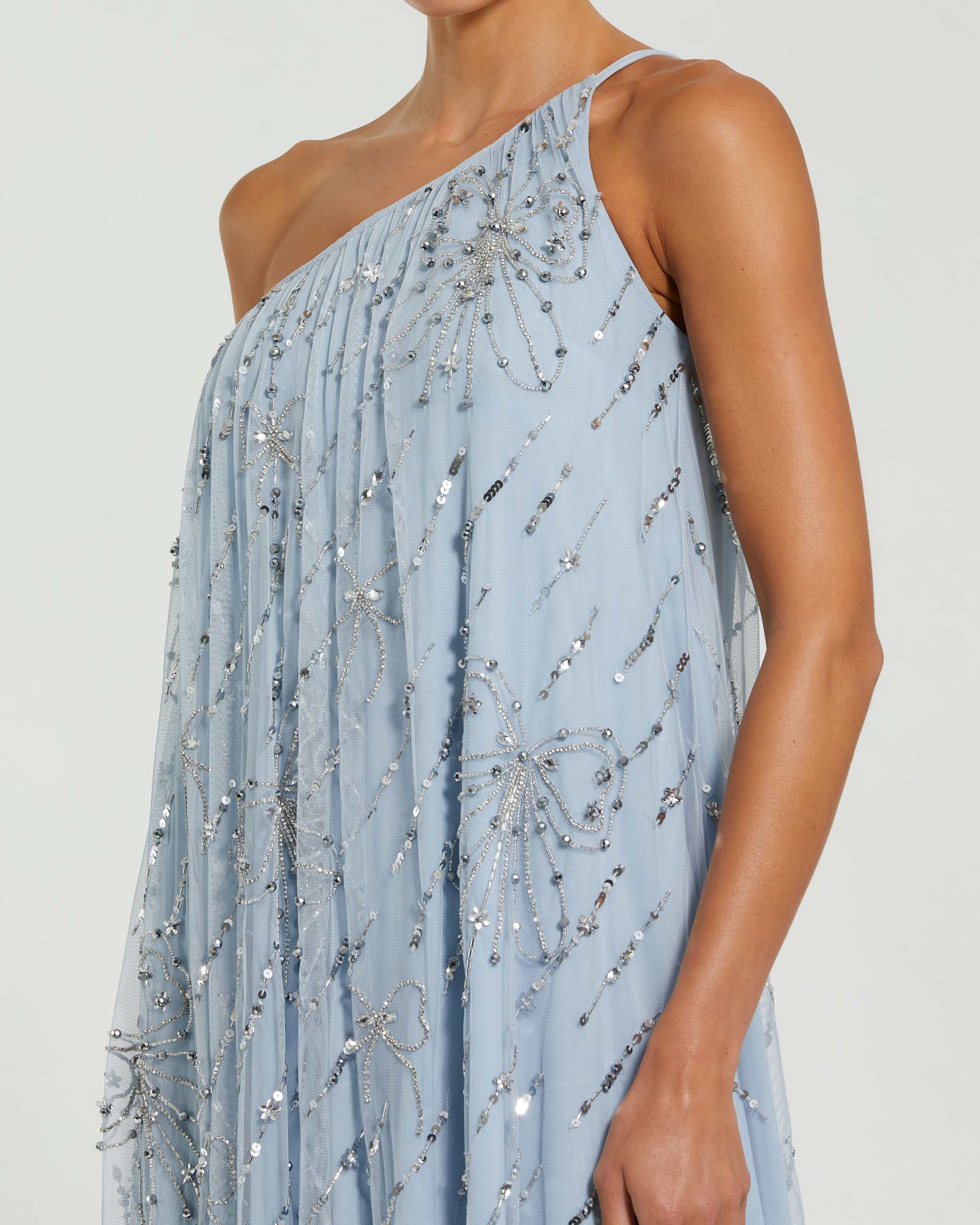 Blue One Shoulder Bow Embellished High Low Gown - Special Events Unlimited