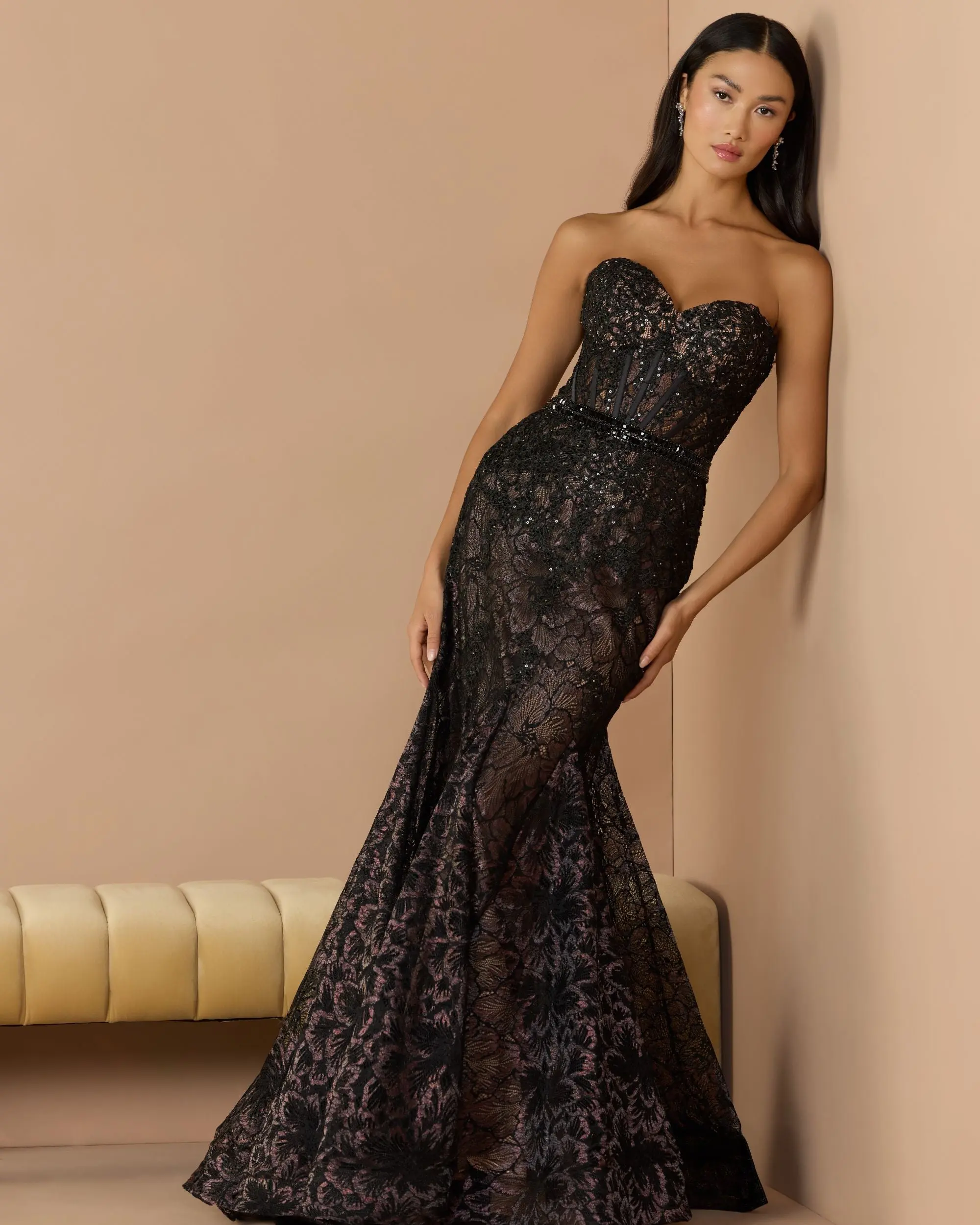 Black Embellished Lace Strapless Trumpet Gown - Special Events Unlimited