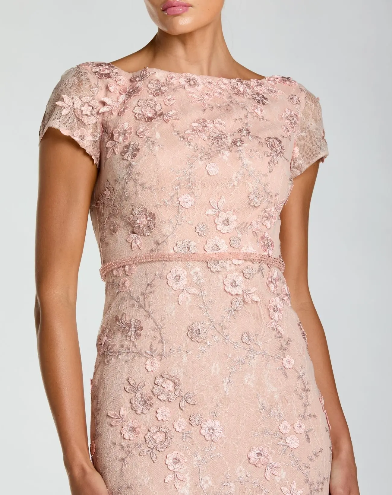 Pink Floral Applique Boat Neck Cap Sleeve Gown - Special Events Unlimited