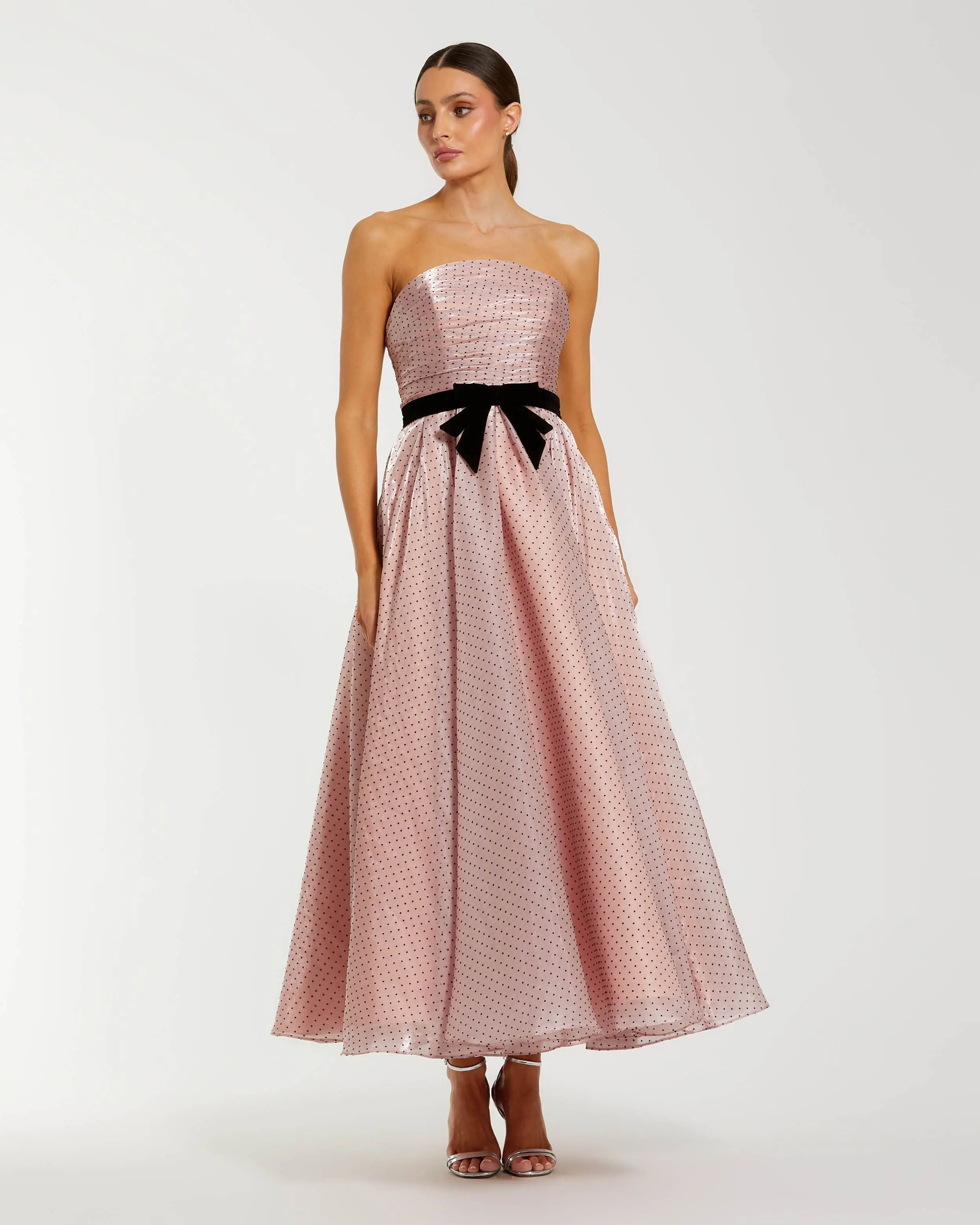 Pink Strapless Polka Dot Midi Dress With Velvet Bow - Special Events Unlimited