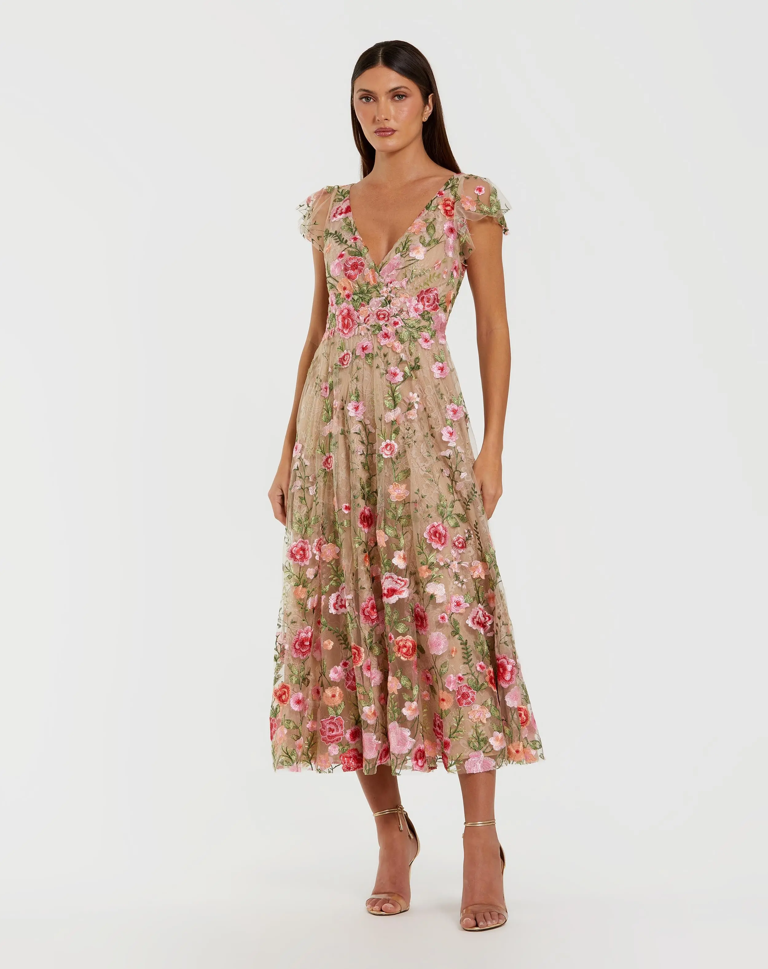 Beige Floral Embroidered Flutter Sleeve Midi Dress - Special Events Unlimited