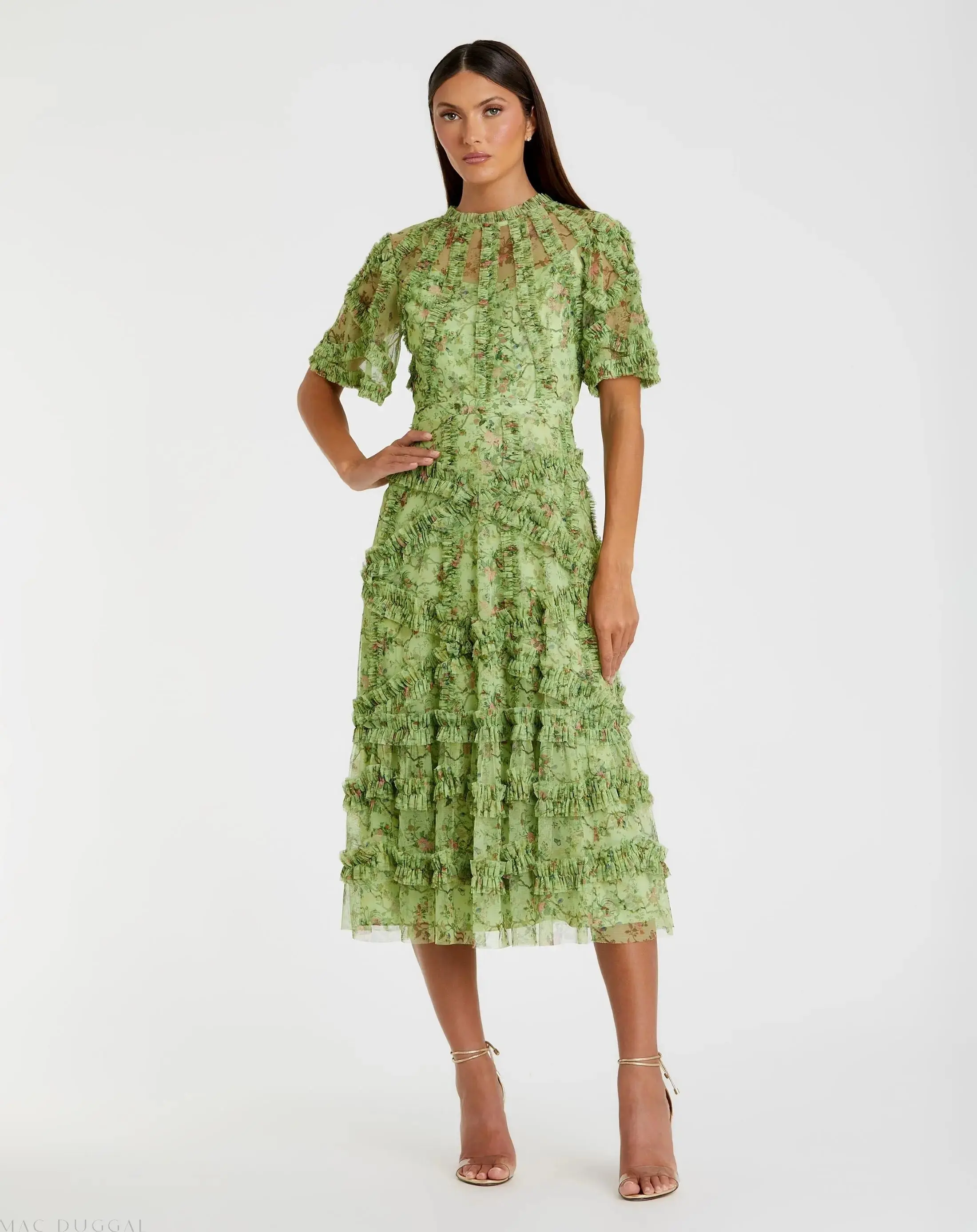 Green Floral Midi Dress with Ruffle Detailing - Special Events Unlimited