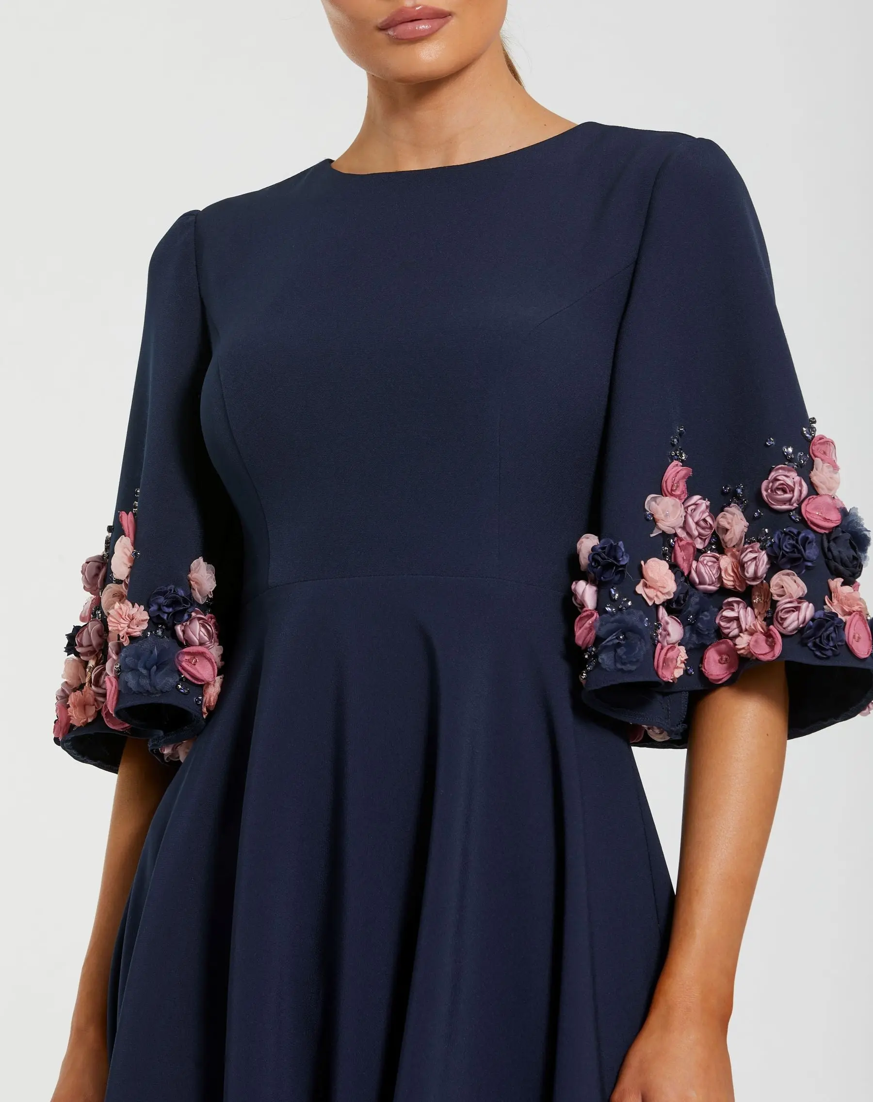 Navy Crepe 3/4 Sleeve A-line Gown With Flower Trim - Special Events Unlimited