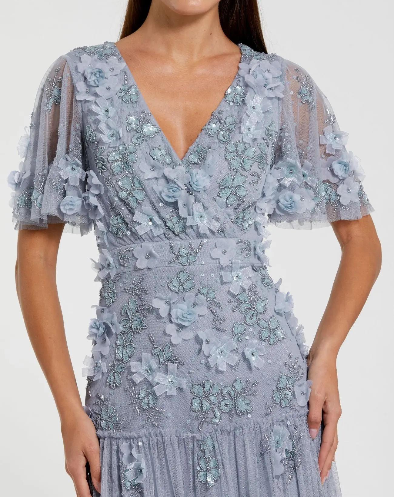 Blue Floral Embellished Flutter Sleeve Dress - Special Events Unlimited