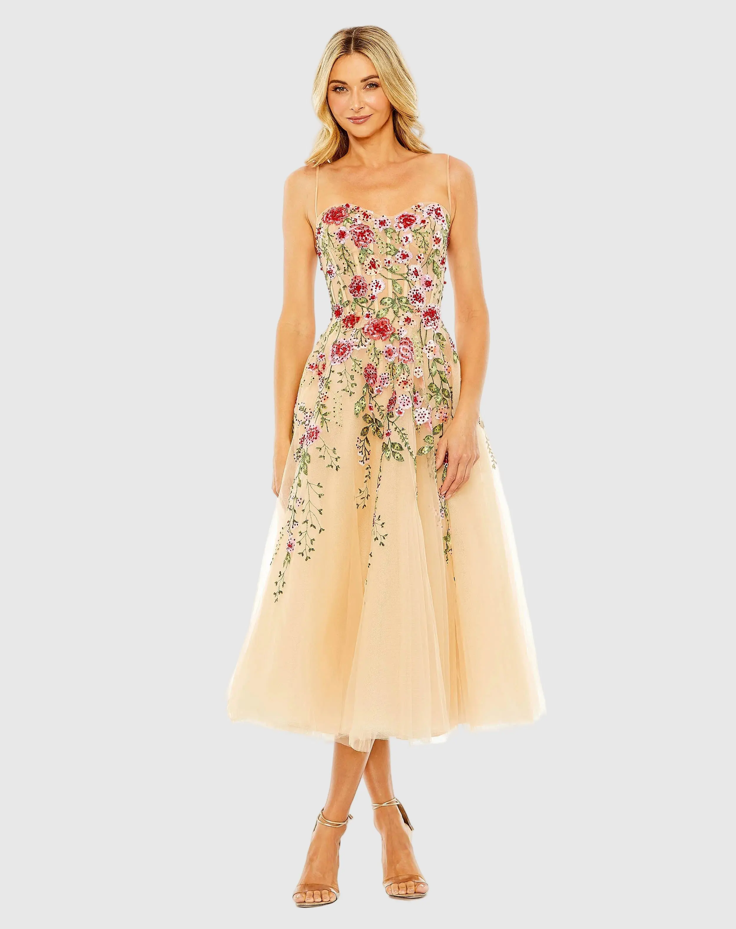 Beige Bustier Embroidered Floral A-Line Dress - Special Events Unlimited