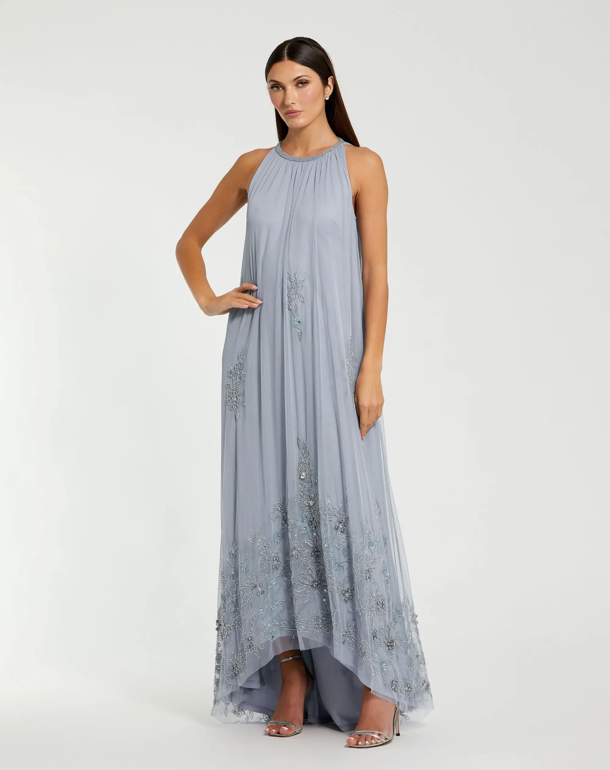 Blue High Neck Floral Embellished Trapeze Gown - Special Events Unlimited