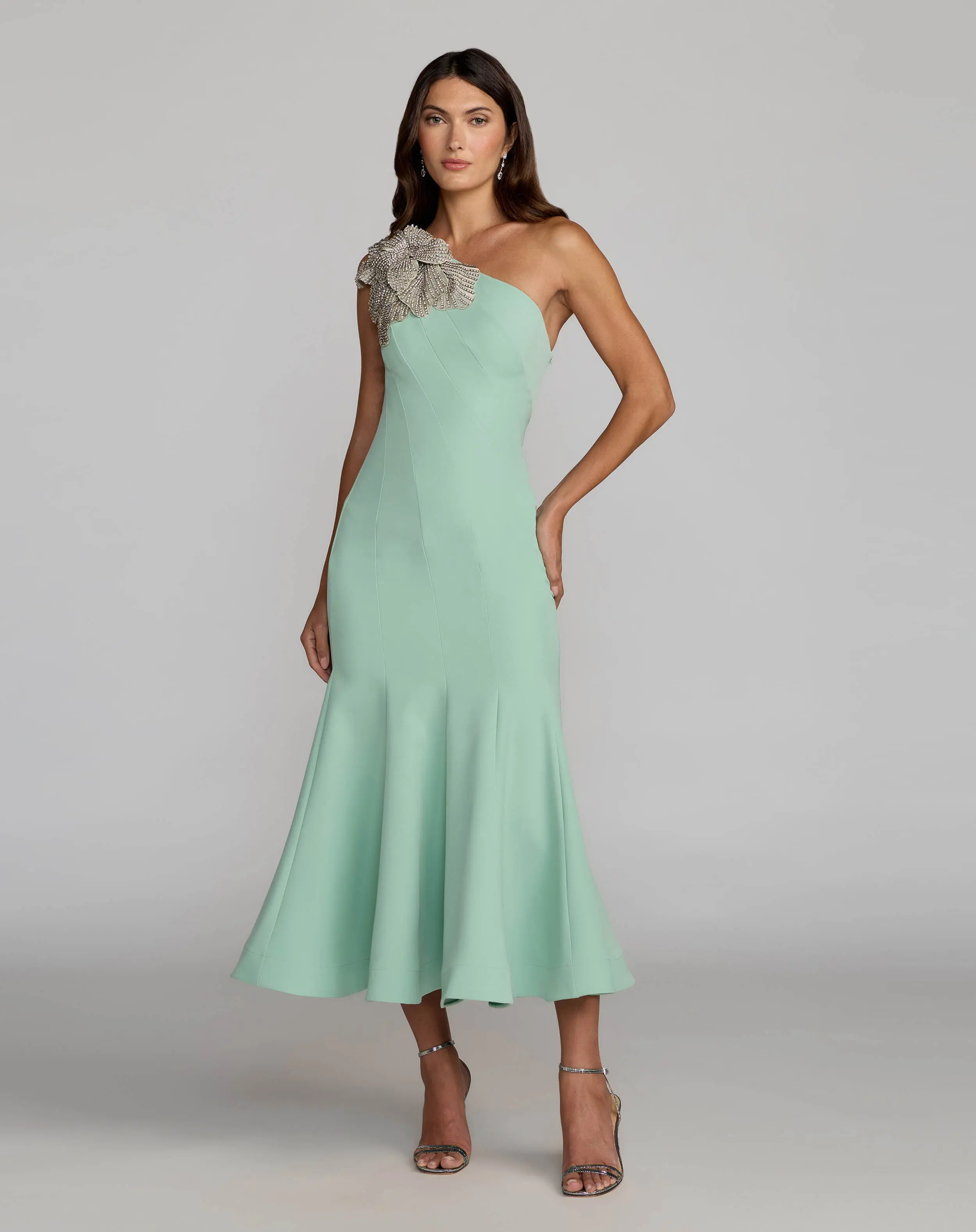 Green Crepe One Shoulder Midi Dress With Flower - Special Events Unlimited