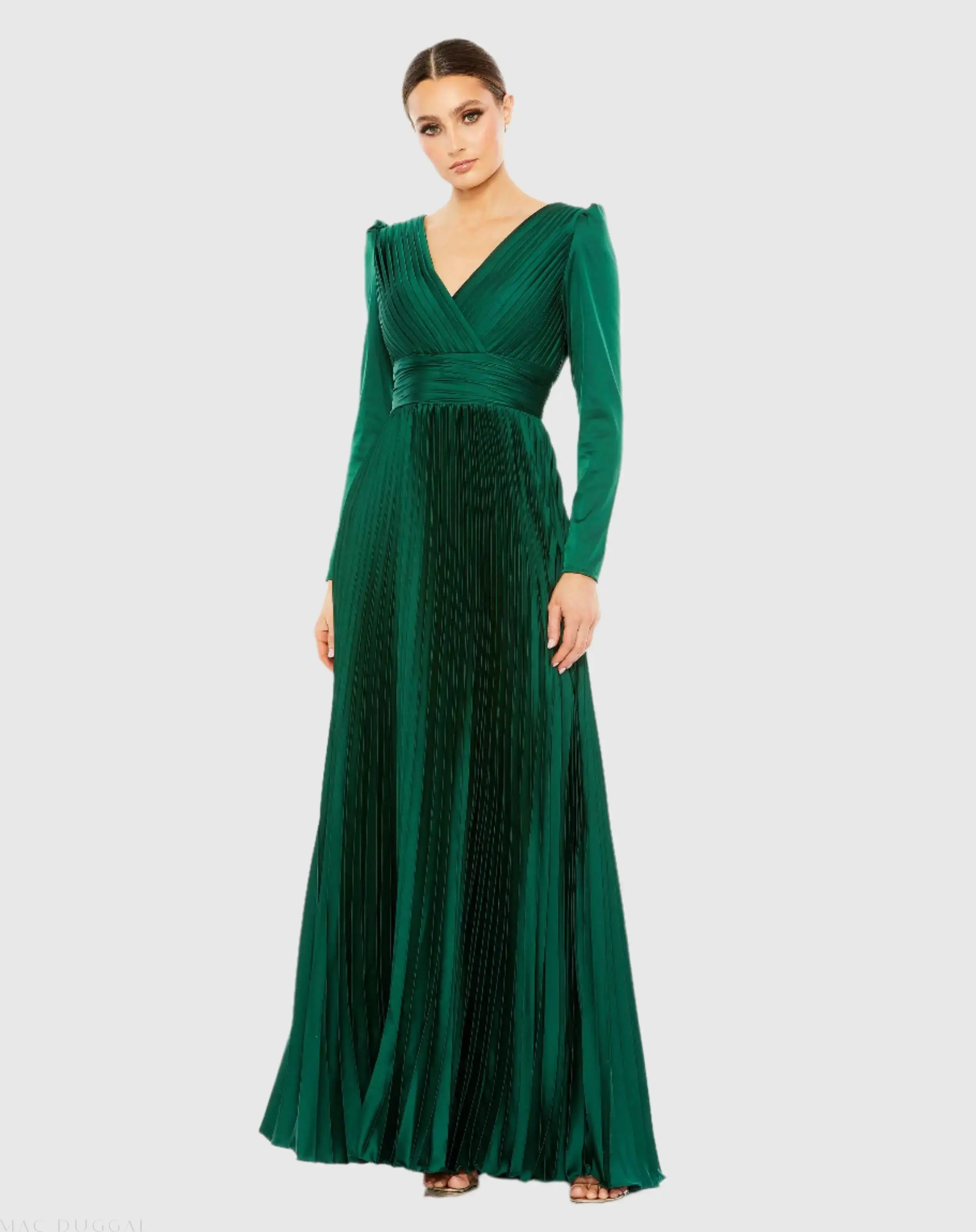 Green Pleated Long Sleeve V-Neck Gown - Special Events Unlimited