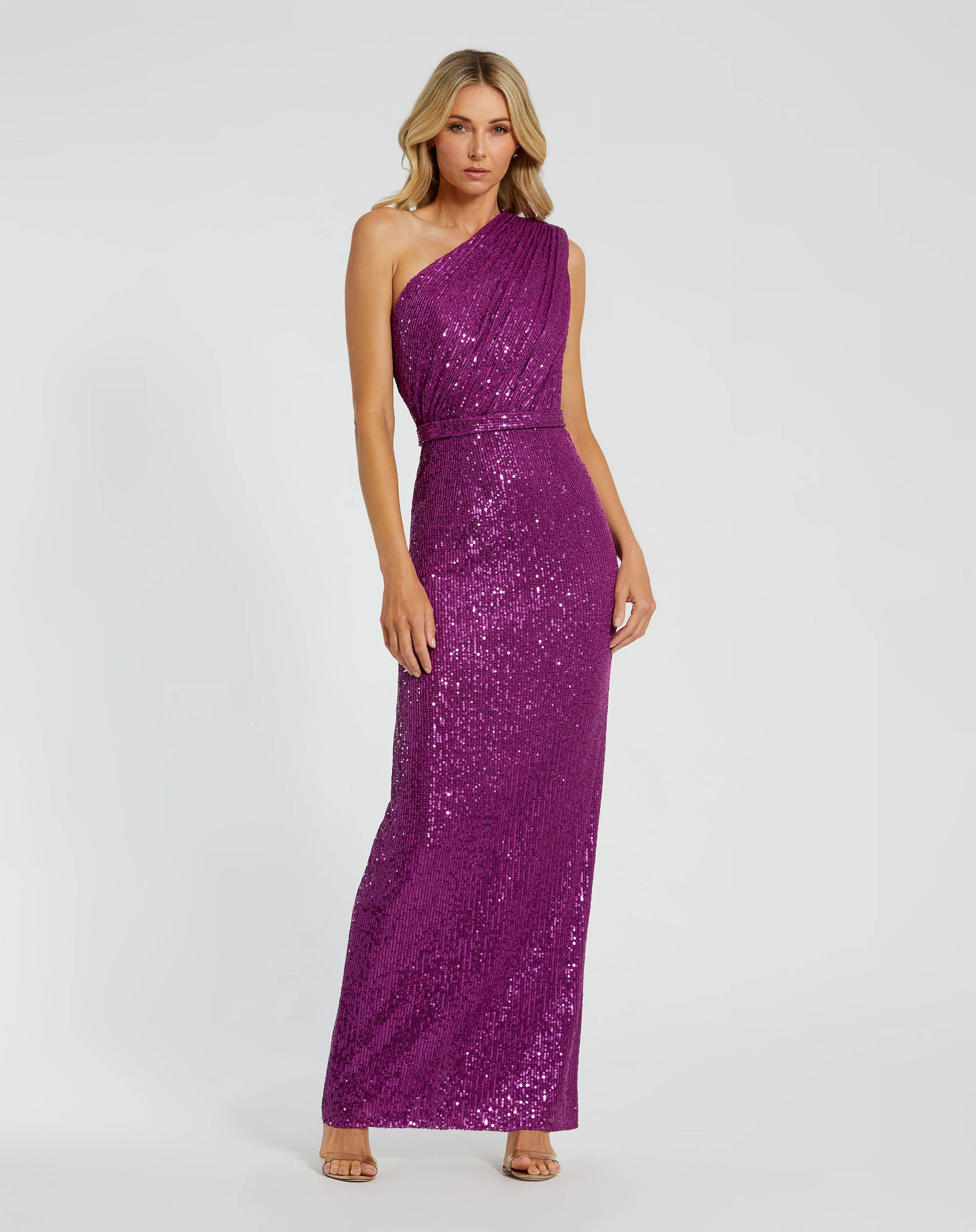 Petite Dark Purple Sequined Ruched One Shoulder Gown - Special Events Unlimited