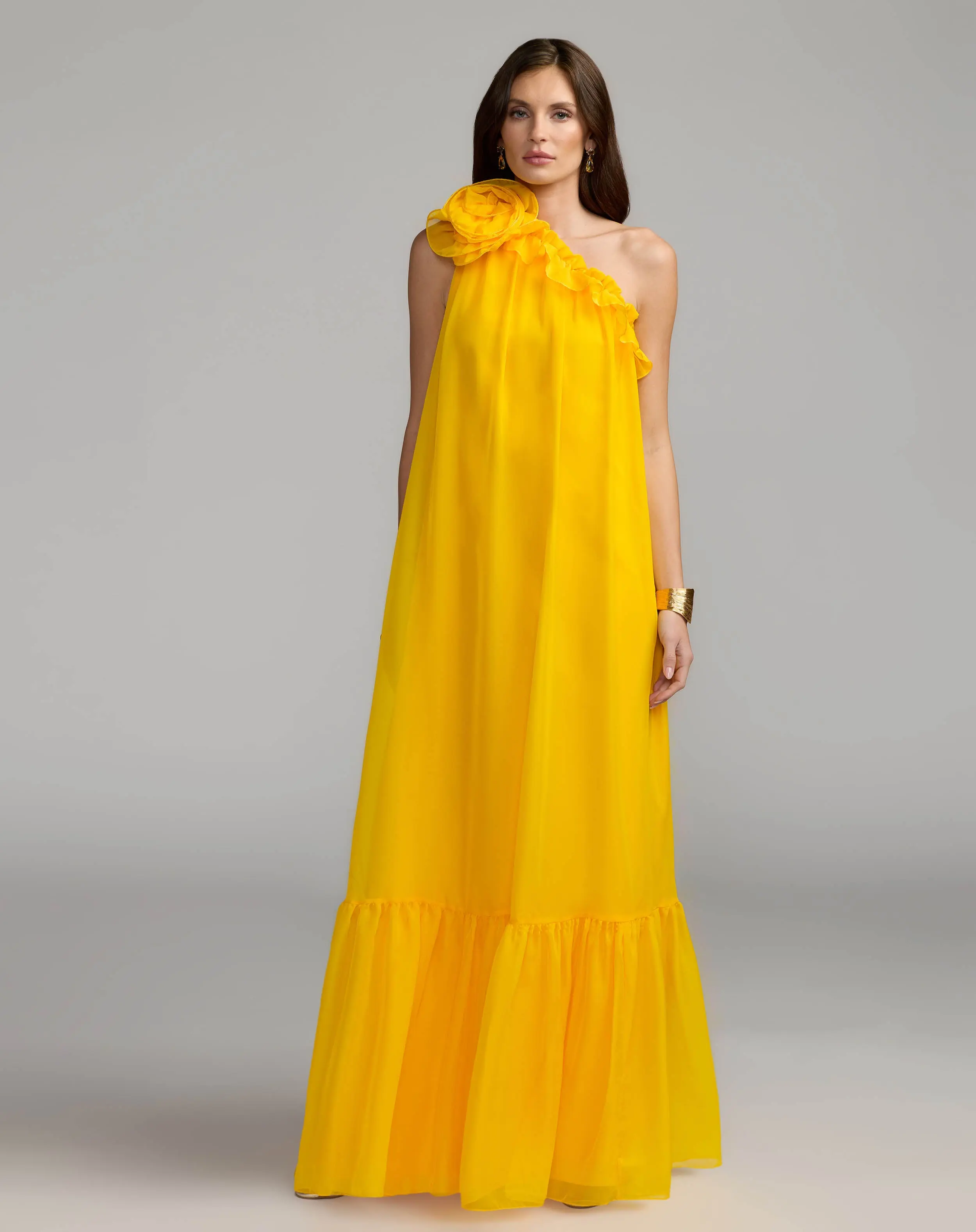 Yellow One Shoulder Chiffon Gown With 3D Rosette - Special Events Unlimited