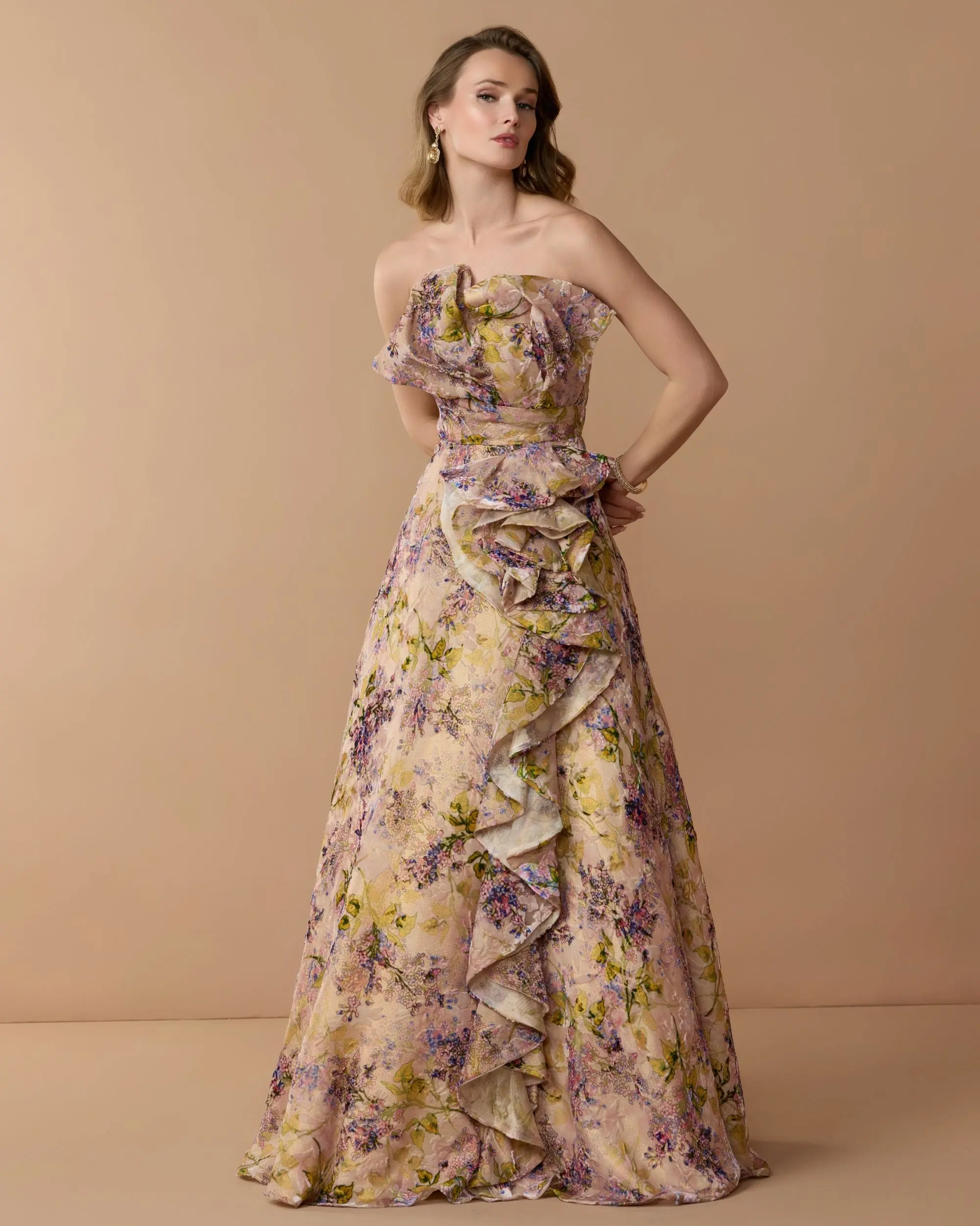Pink Strapless Floral Ball Gown With Ruffle Detail - Special Events Unlimited